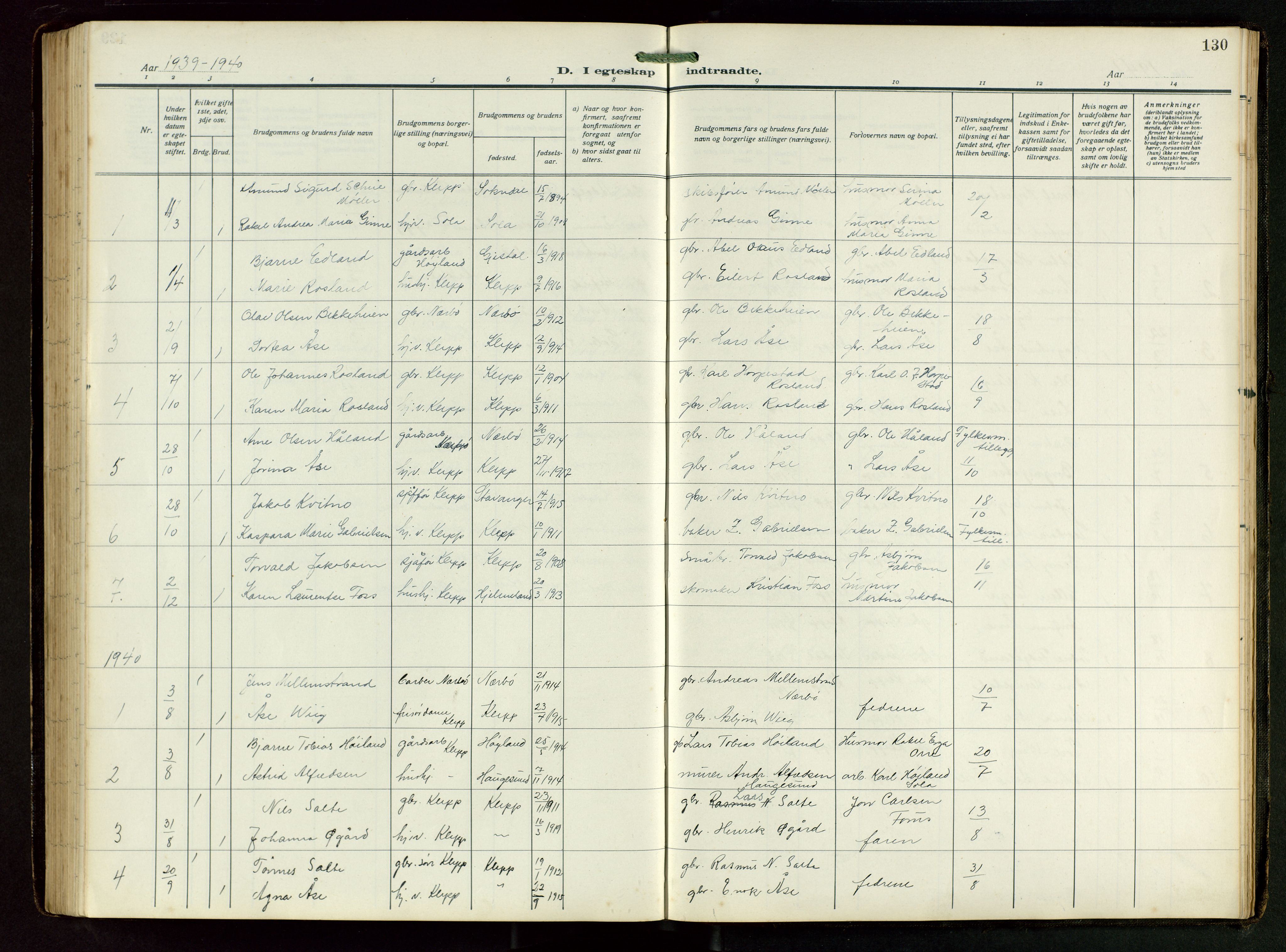 Klepp sokneprestkontor, SAST/A-101803/001/3/30BB/L0008: Parish register (copy) no. B 8, 1918-1949, p. 130