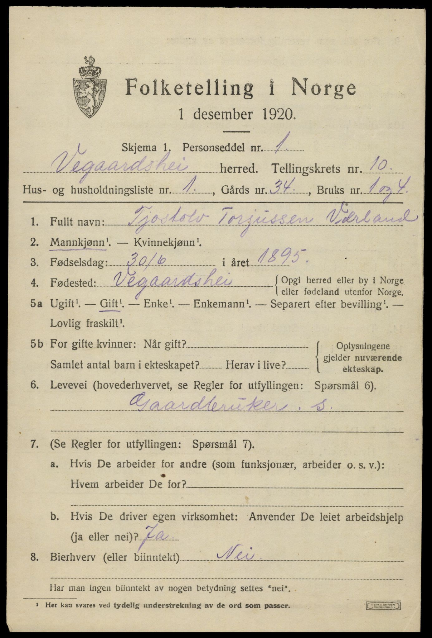SAK, 1920 census for Vegårshei, 1920, p. 3278
