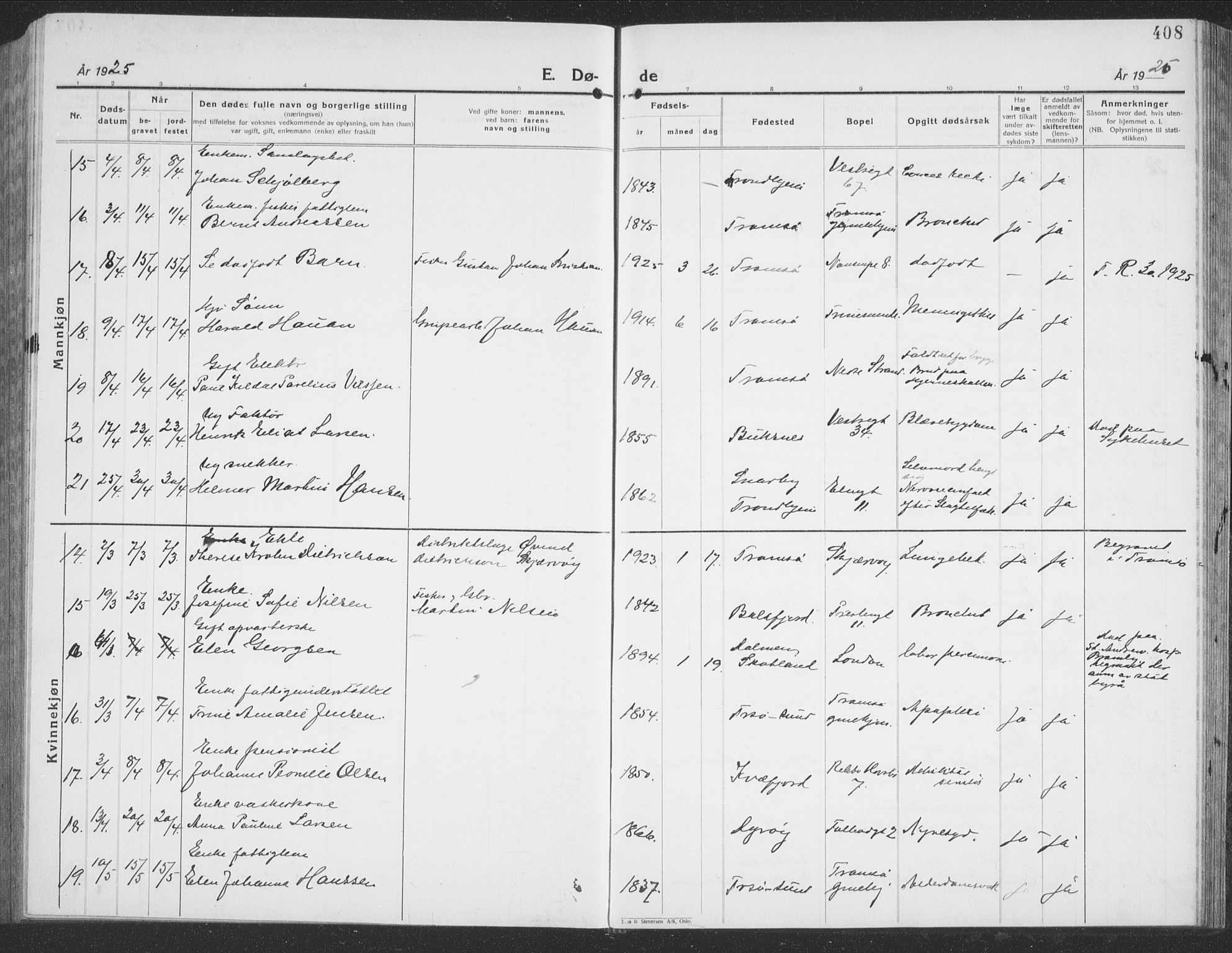 Tromsø sokneprestkontor/stiftsprosti/domprosti, SATØ/S-1343/G/Gb/L0010klokker: Parish register (copy) no. 10, 1925-1937, p. 408