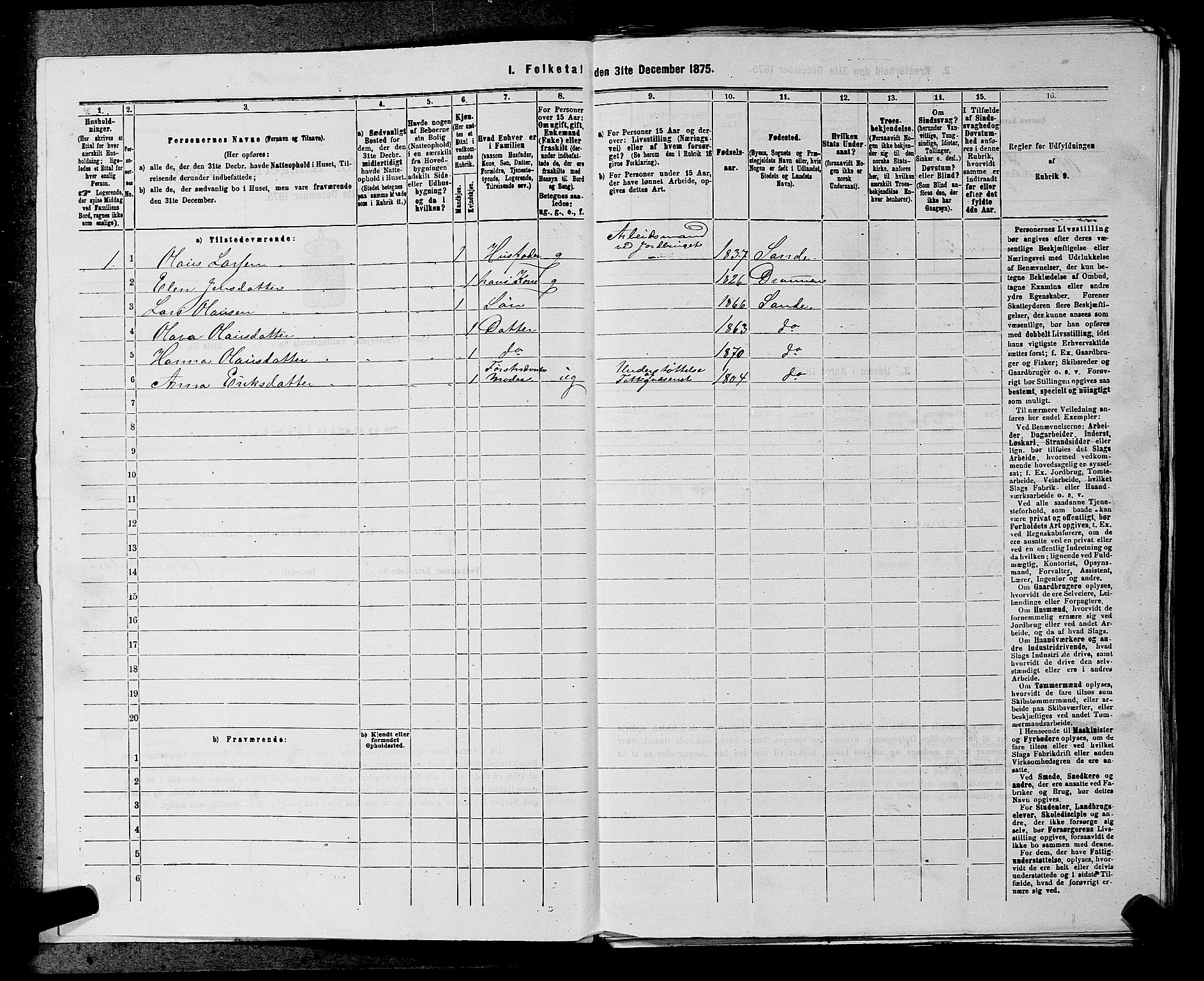 SAKO, 1875 census for 0713P Sande, 1875, p. 47