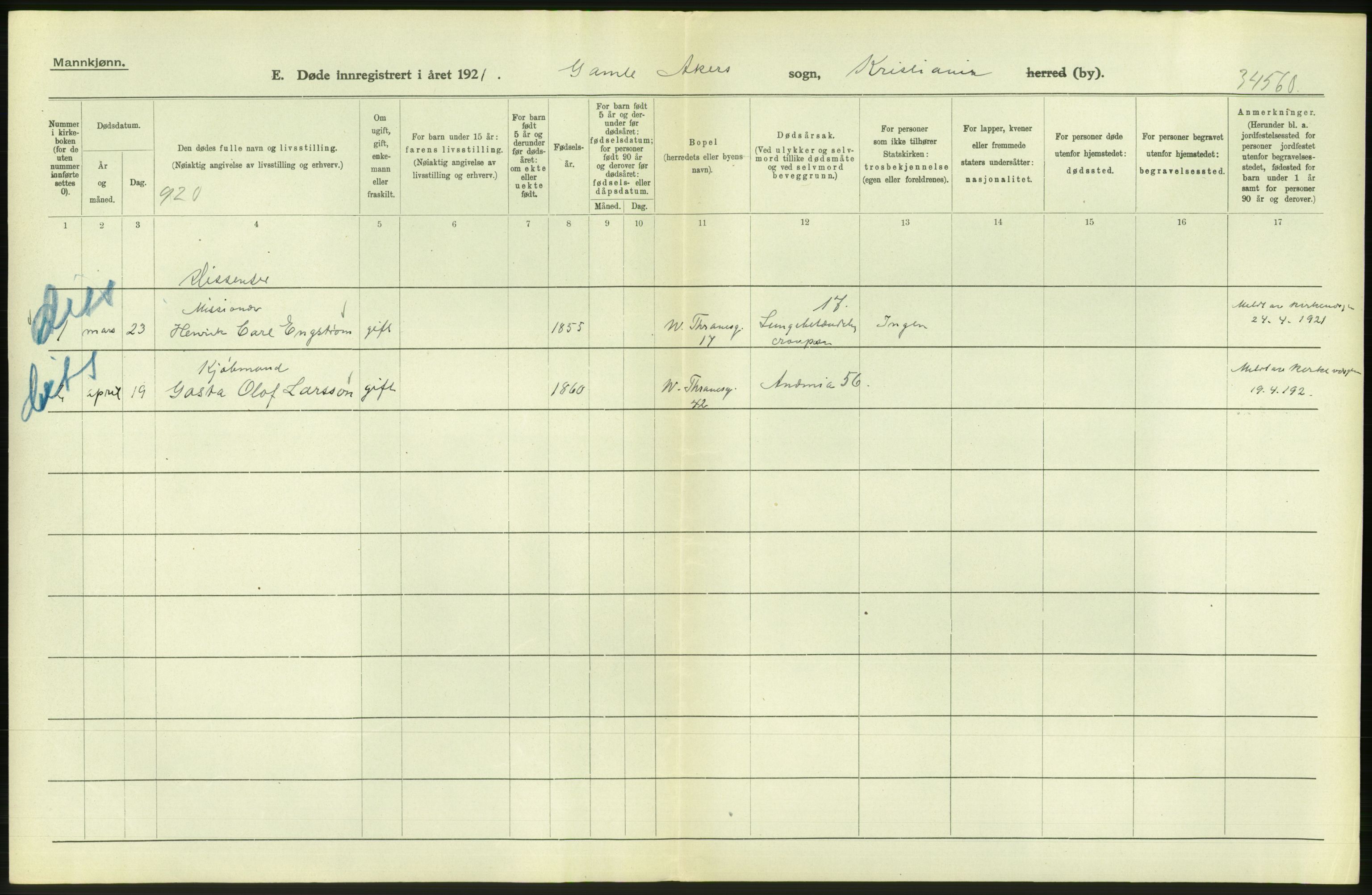 Statistisk sentralbyrå, Sosiodemografiske emner, Befolkning, AV/RA-S-2228/D/Df/Dfc/Dfca/L0012: Kristiania: Døde, 1921, p. 12