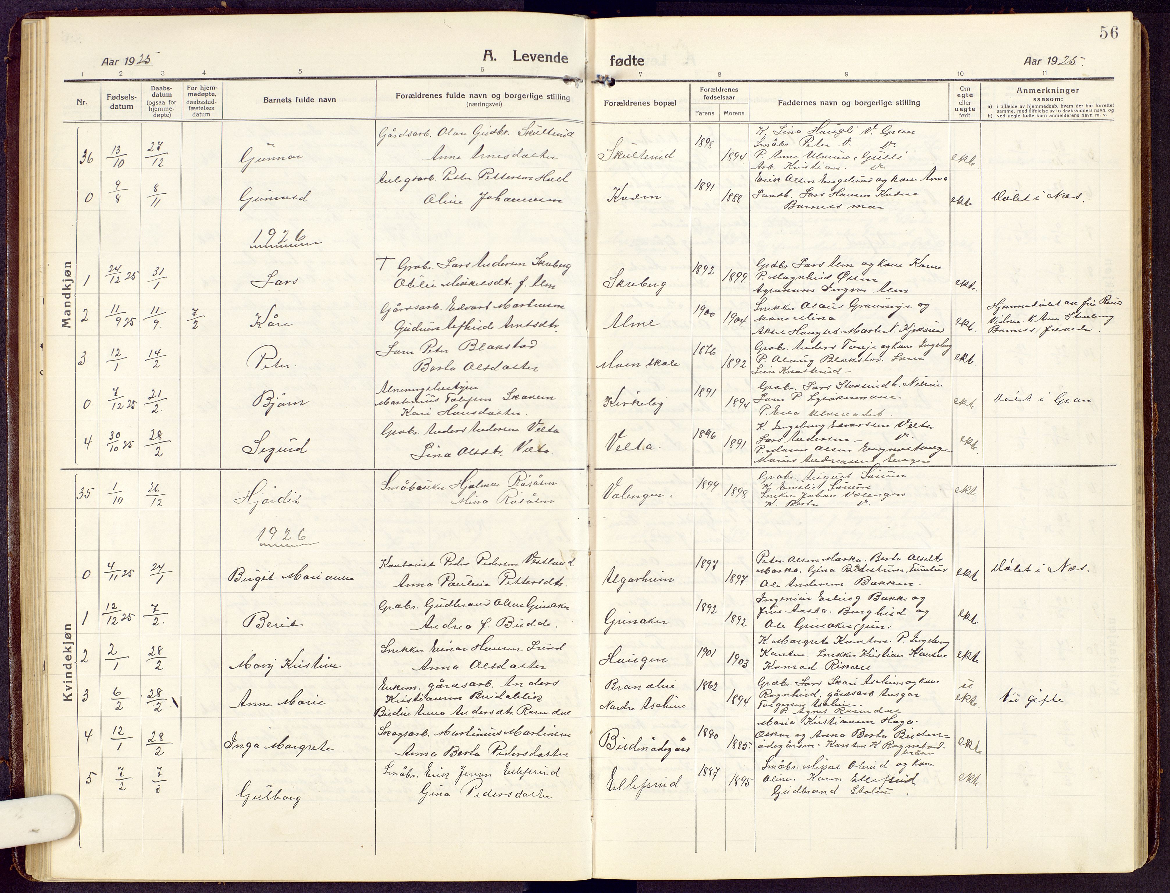 Brandbu prestekontor, SAH/PREST-114/H/Ha/Hab/L0010: Parish register (copy) no. 10, 1916-1930, p. 56