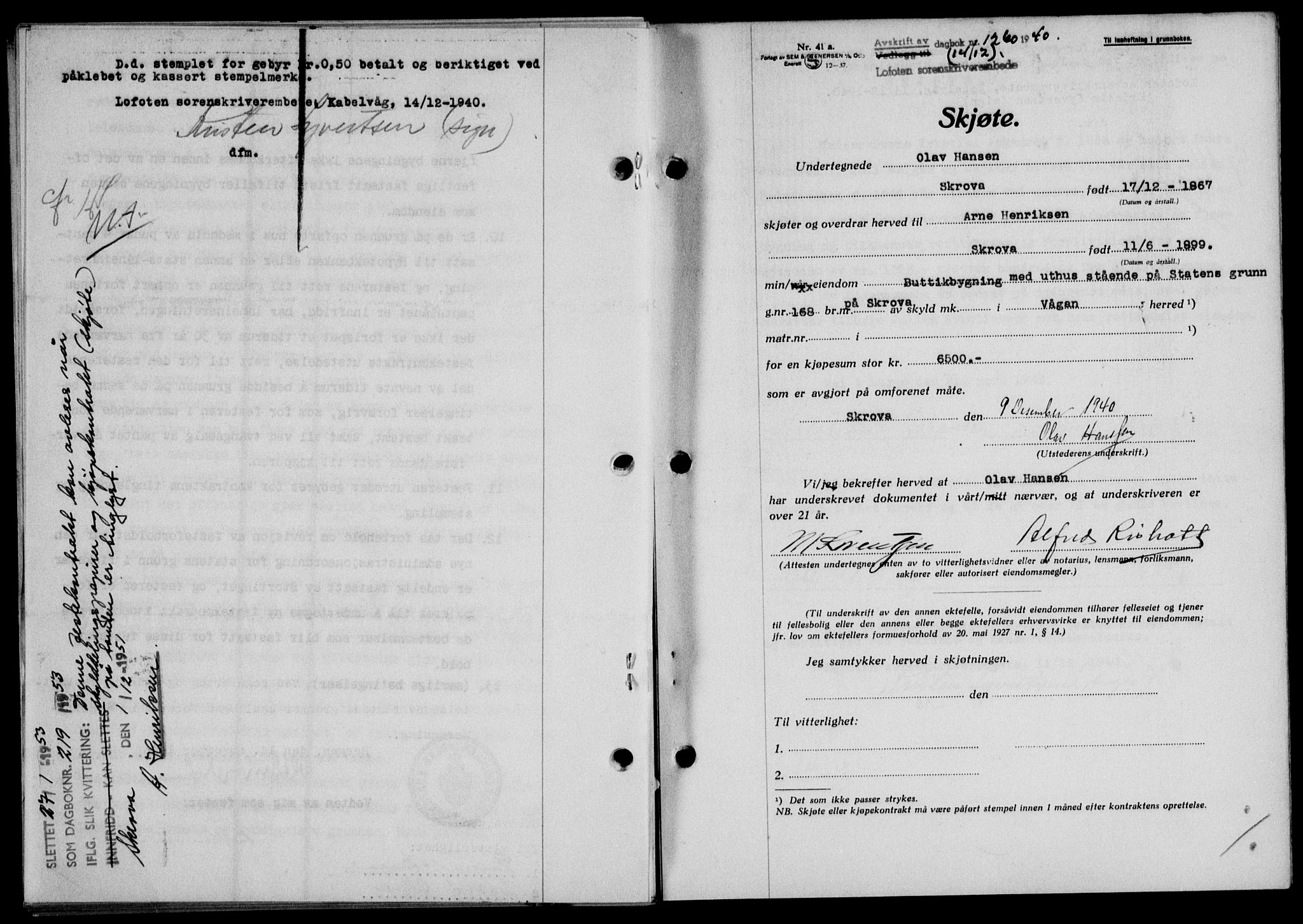Lofoten sorenskriveri, SAT/A-0017/1/2/2C/L0008a: Mortgage book no. 8a, 1940-1941, Diary no: : 1260/1940