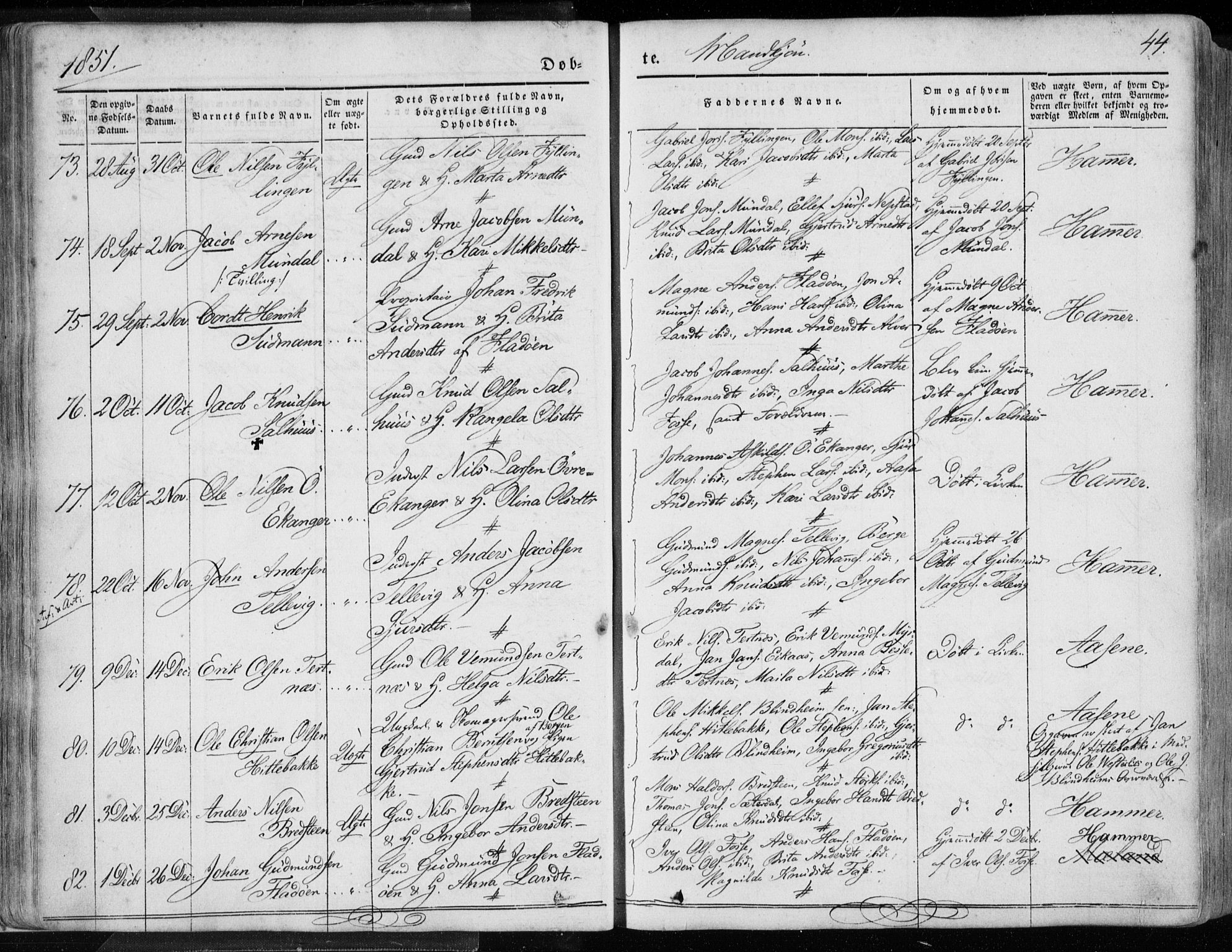 Hamre sokneprestembete, AV/SAB-A-75501/H/Ha/Haa/Haaa/L0013: Parish register (official) no. A 13, 1846-1857, p. 44