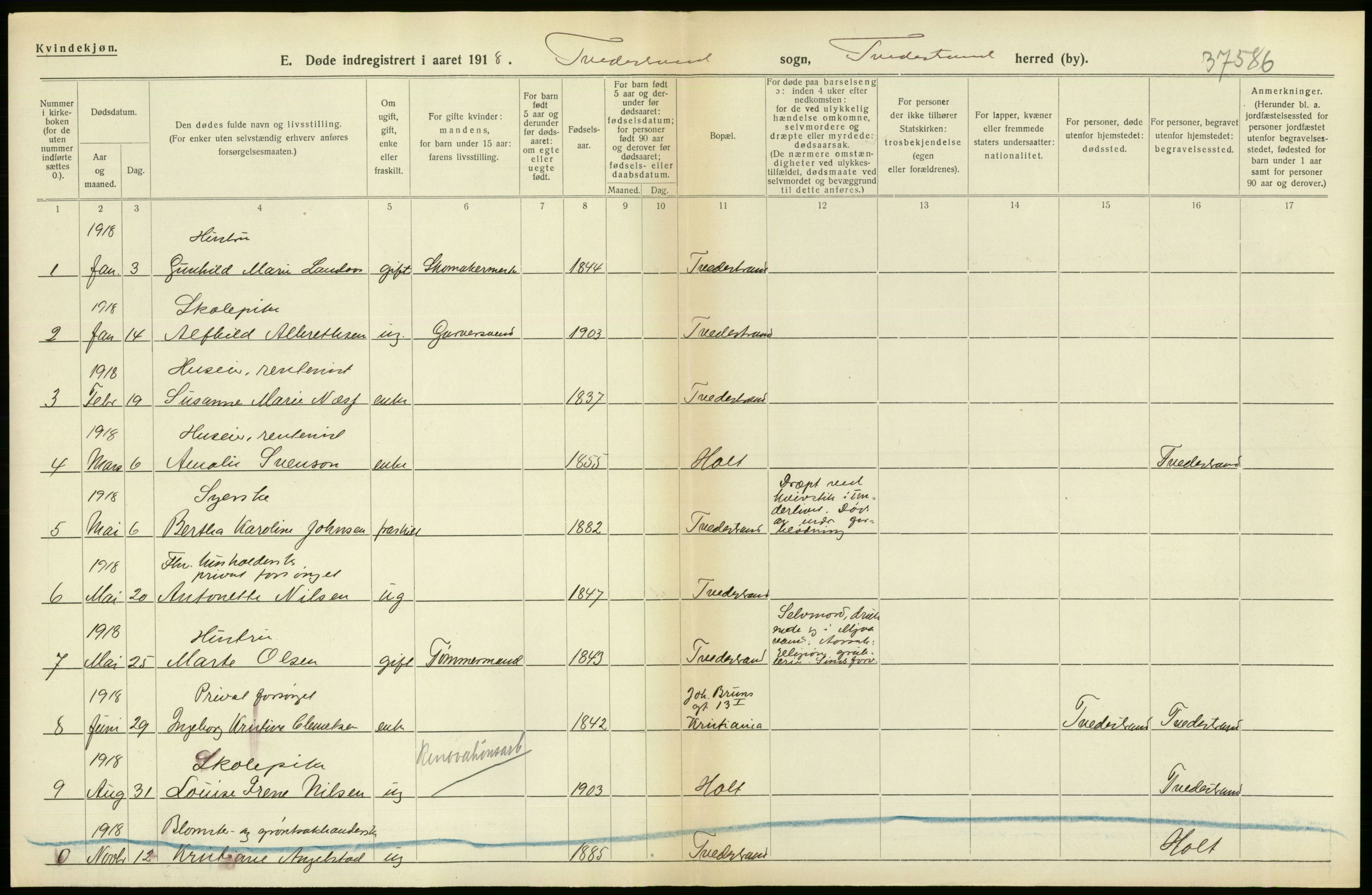 Statistisk sentralbyrå, Sosiodemografiske emner, Befolkning, AV/RA-S-2228/D/Df/Dfb/Dfbh/L0028: Aust-Agder fylke: Døde, dødfødte. Bygder og byer., 1918, p. 100