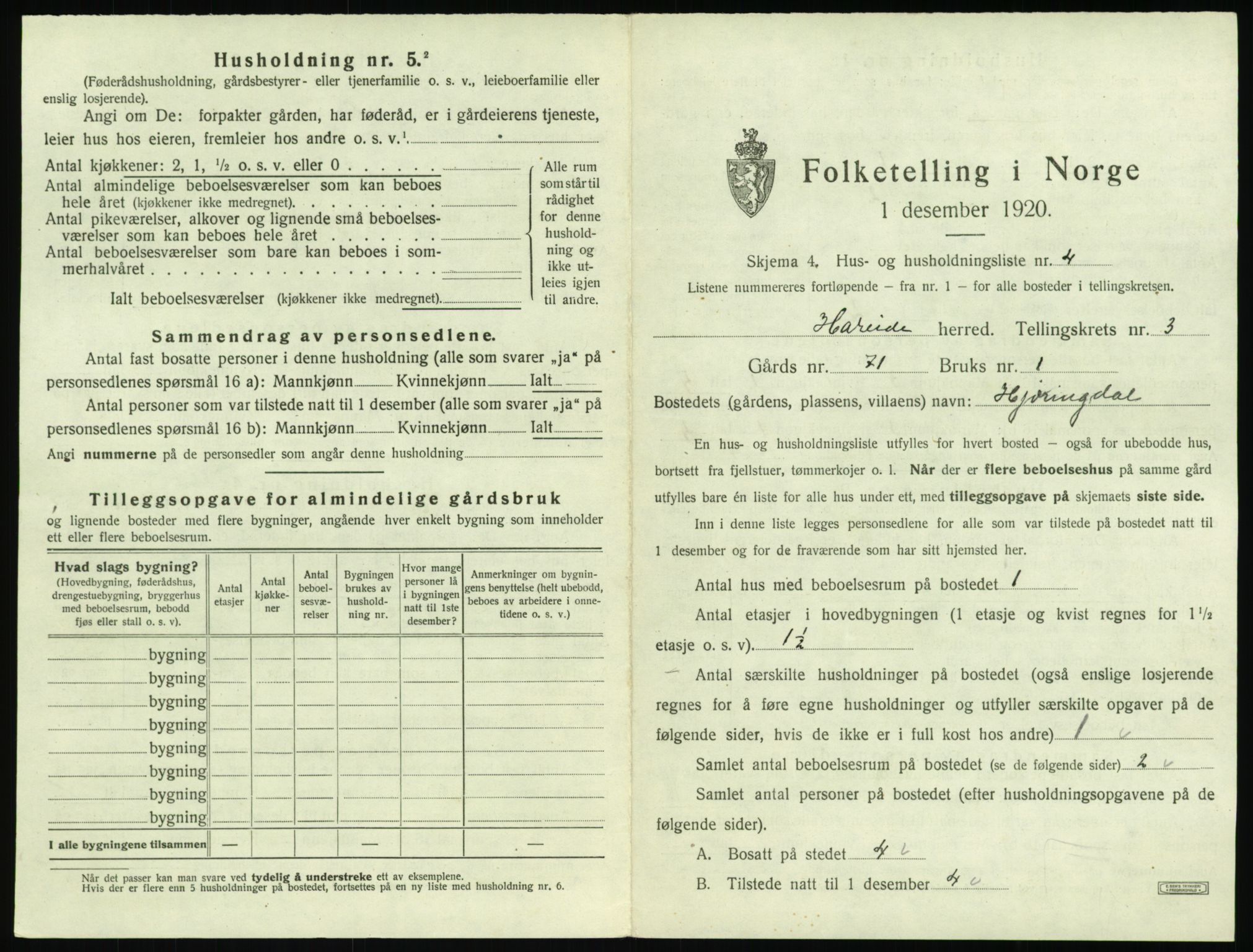 SAT, 1920 census for Hareid, 1920, p. 161