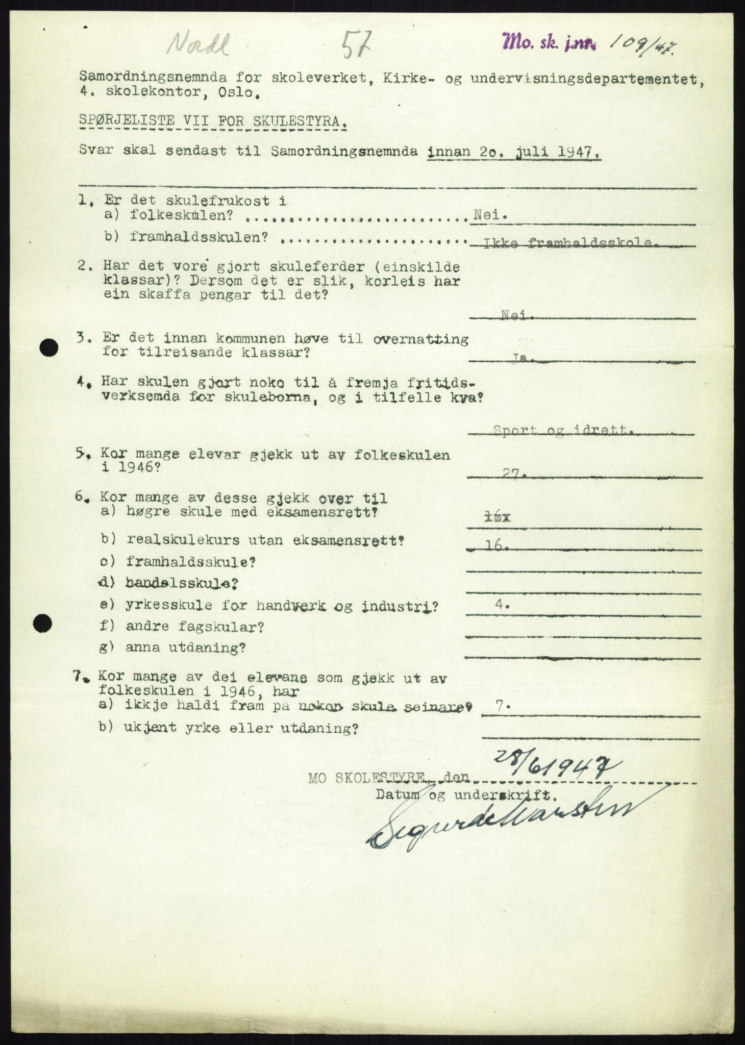 Kirke- og undervisningsdepartementet, Samordningsnemnda for skoleverket, AV/RA-S-1146/D/L0008: Svar på spørreskjema fra kommuner i Nord-Trøndelag, Nordland, Troms og Finnmark, 1947, p. 527