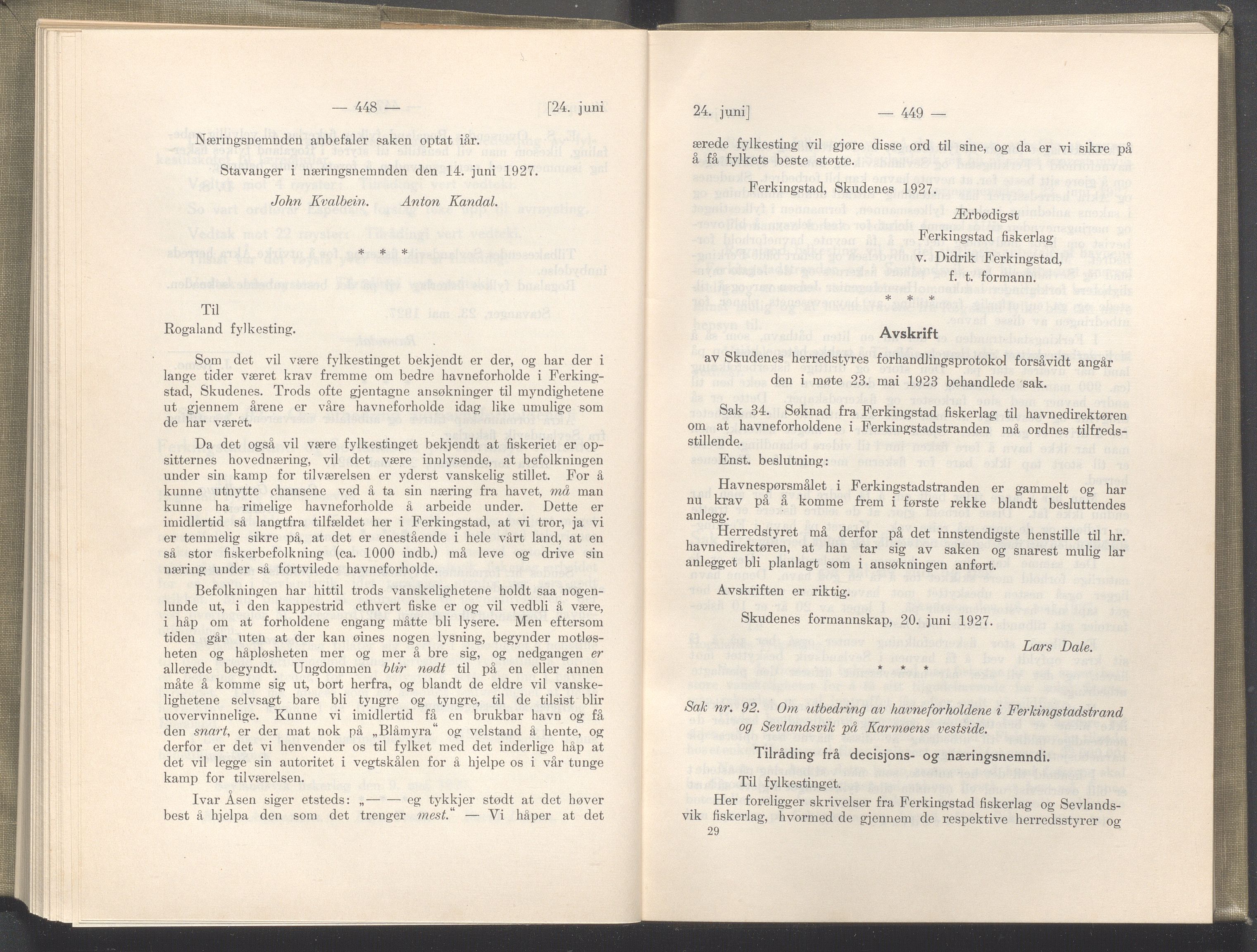 Rogaland fylkeskommune - Fylkesrådmannen , IKAR/A-900/A/Aa/Aaa/L0046: Møtebok , 1927, p. 448-449