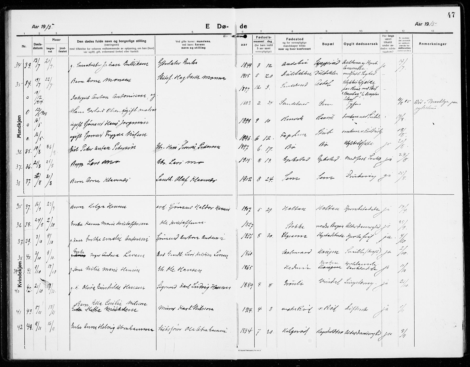 Sandar kirkebøker, SAKO/A-243/F/Fa/L0020: Parish register (official) no. 20, 1915-1919, p. 47