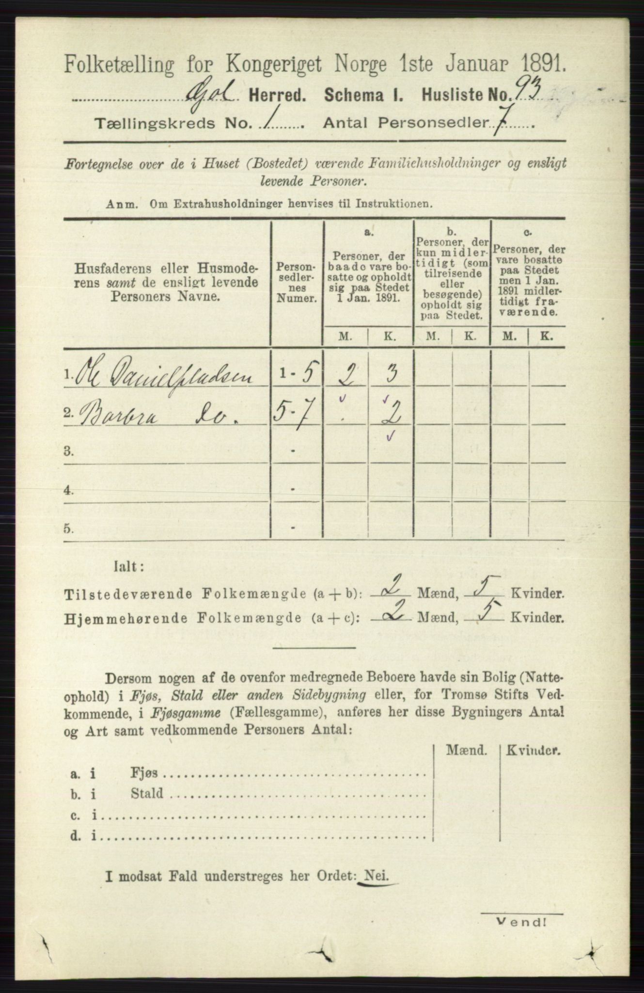 RA, 1891 census for 0617 Gol og Hemsedal, 1891, p. 120