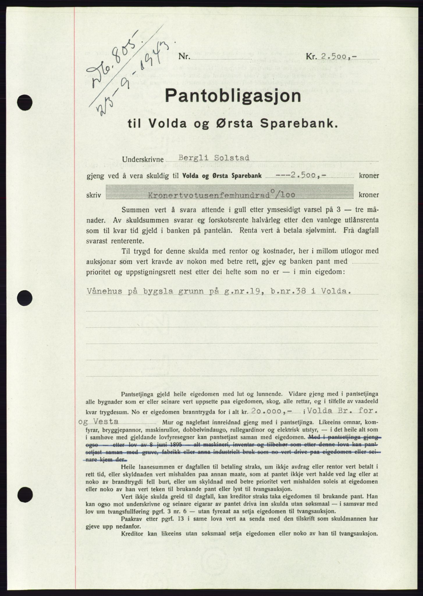 Søre Sunnmøre sorenskriveri, AV/SAT-A-4122/1/2/2C/L0114: Mortgage book no. 1-2B, 1943-1947, Diary no: : 805/1943