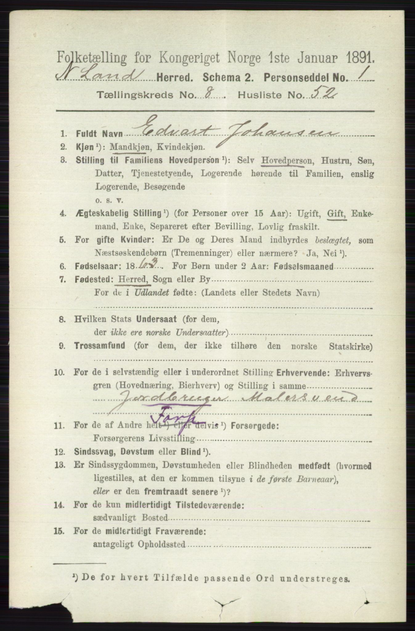 RA, 1891 census for 0538 Nordre Land, 1891, p. 2516