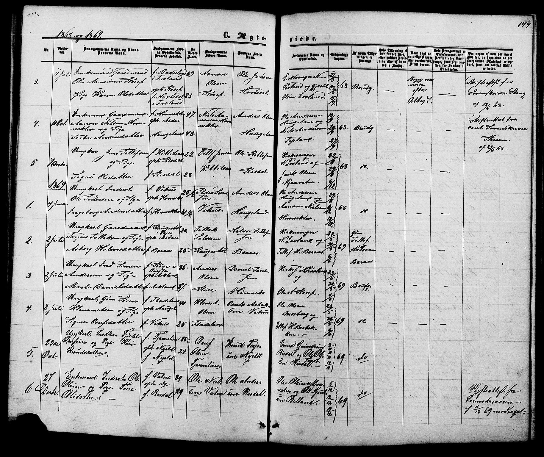 Herefoss sokneprestkontor, AV/SAK-1111-0019/F/Fb/Fbc/L0002: Parish register (copy) no. B 2, 1867-1886, p. 144