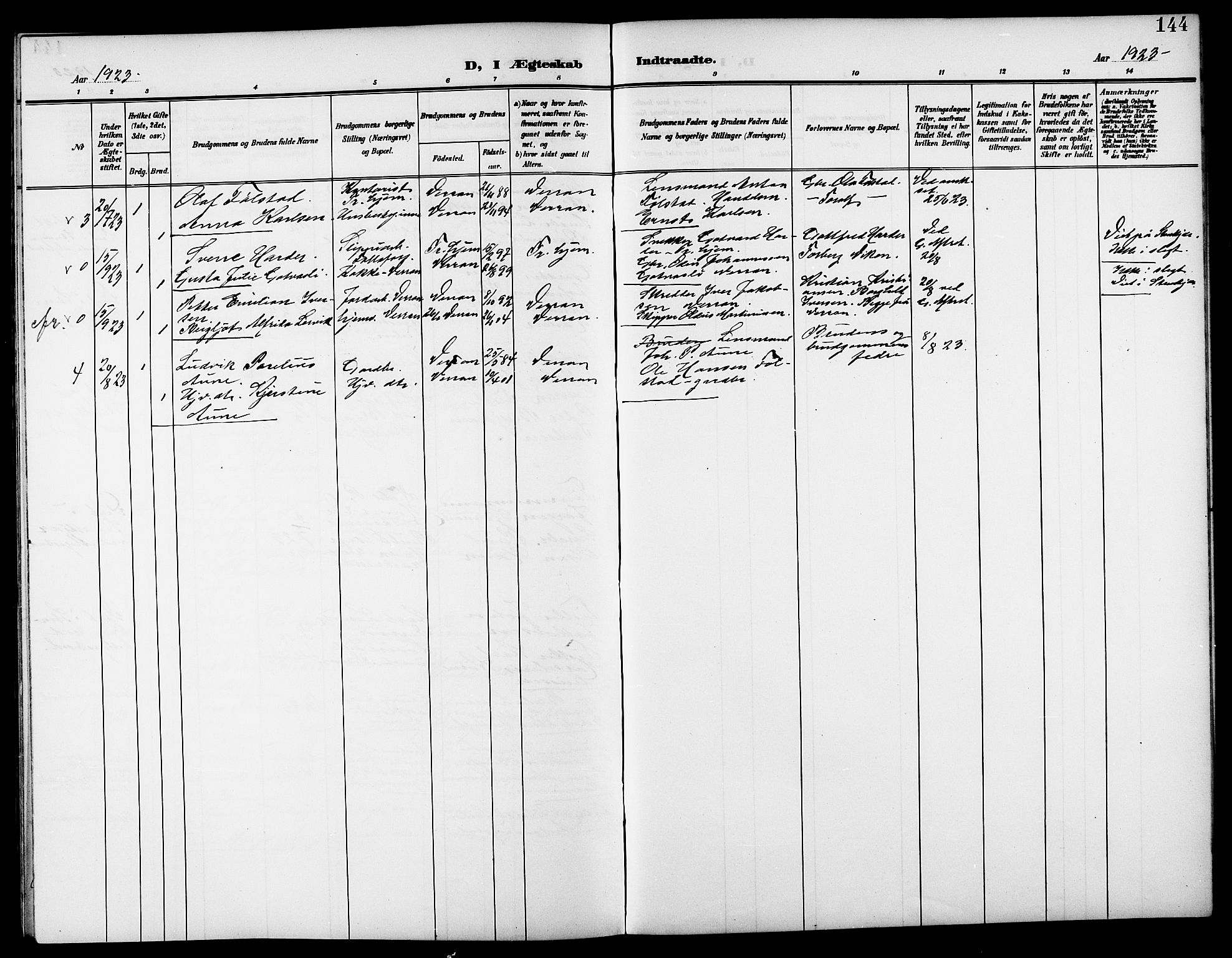 Ministerialprotokoller, klokkerbøker og fødselsregistre - Nord-Trøndelag, SAT/A-1458/744/L0424: Parish register (copy) no. 744C03, 1906-1923, p. 144