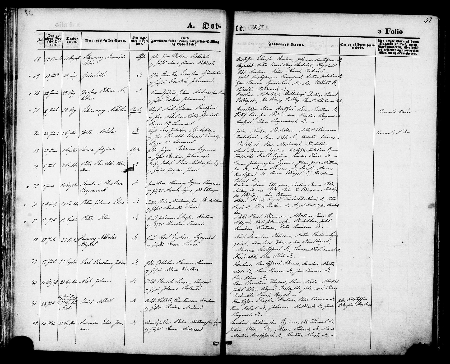 Ministerialprotokoller, klokkerbøker og fødselsregistre - Nordland, AV/SAT-A-1459/880/L1132: Parish register (official) no. 880A06, 1869-1887, p. 32