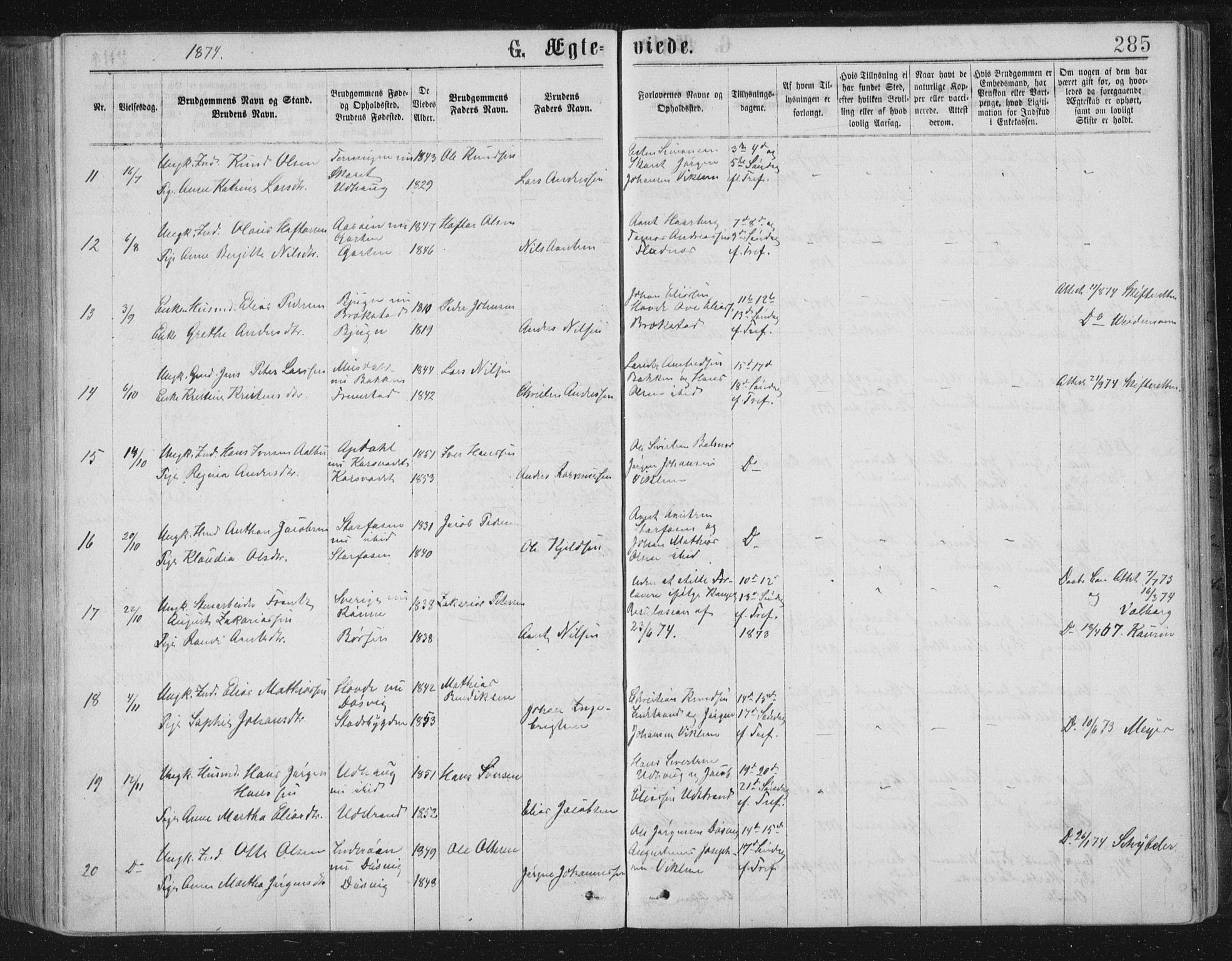 Ministerialprotokoller, klokkerbøker og fødselsregistre - Sør-Trøndelag, SAT/A-1456/659/L0745: Parish register (copy) no. 659C02, 1869-1892, p. 285