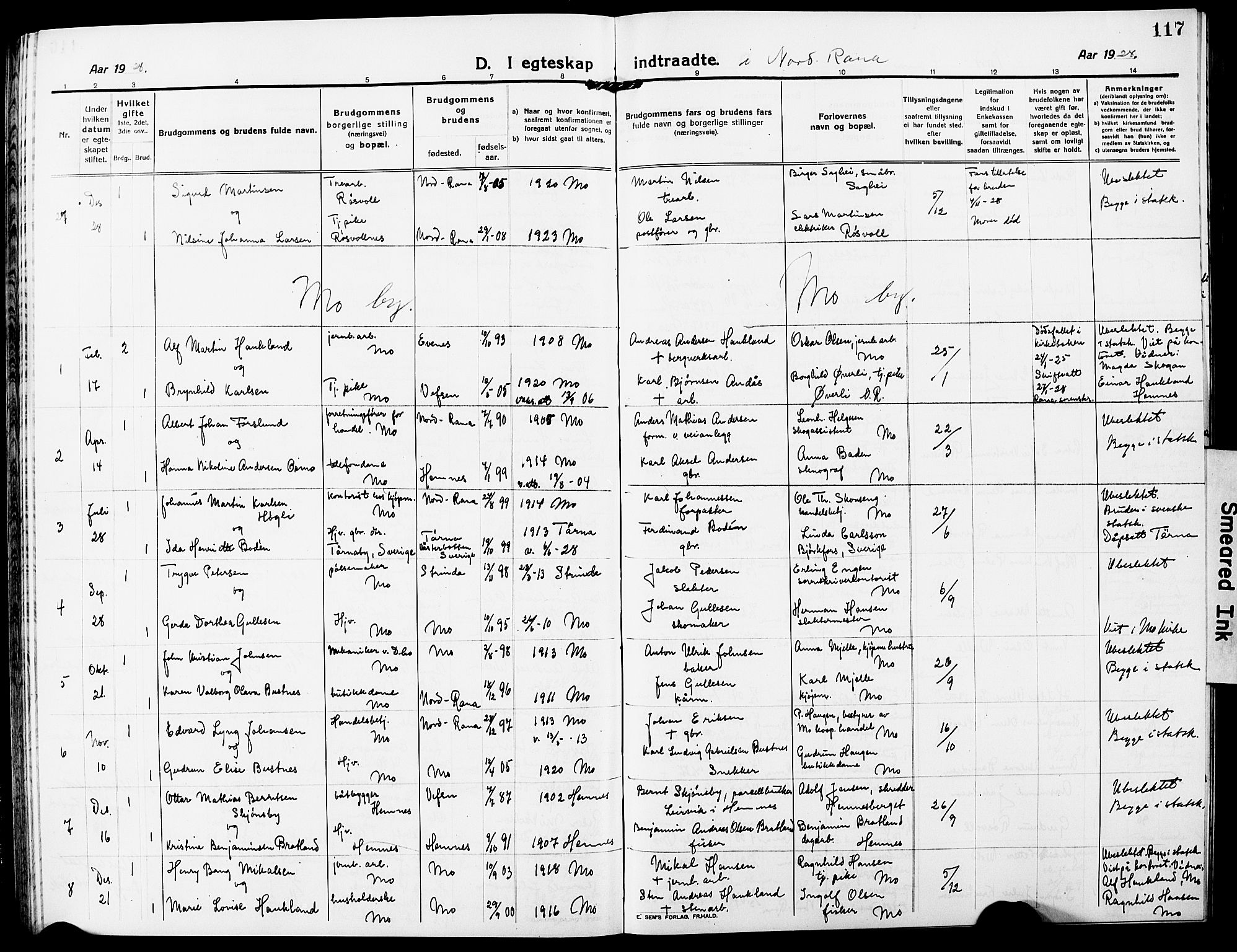 Ministerialprotokoller, klokkerbøker og fødselsregistre - Nordland, AV/SAT-A-1459/827/L0424: Parish register (copy) no. 827C13, 1921-1930, p. 117