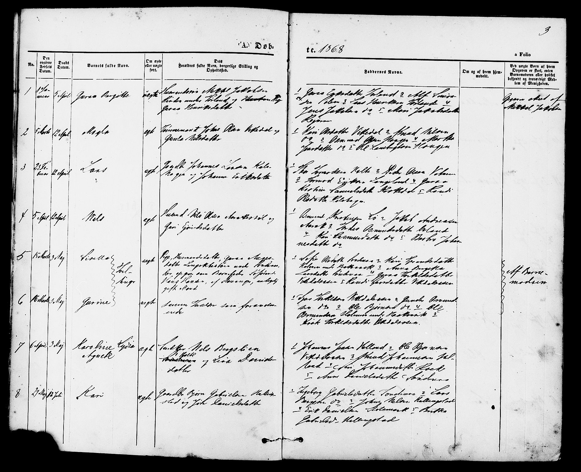 Vikedal sokneprestkontor, AV/SAST-A-101840/01/IV: Parish register (official) no. A 7, 1868-1883, p. 3