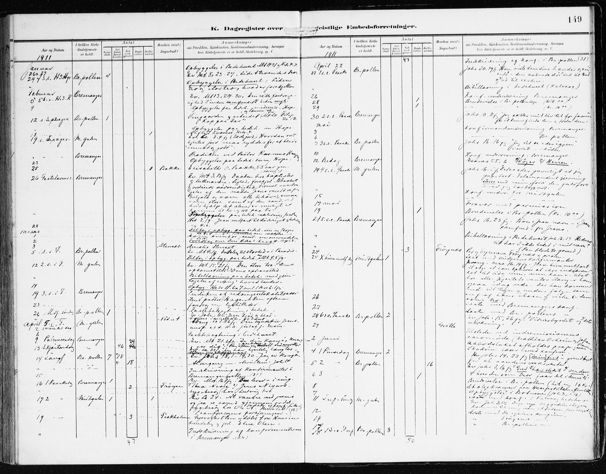 Bremanger sokneprestembete, AV/SAB-A-82201/H/Haa/Haab/L0003: Parish register (official) no. B 3, 1908-1925, p. 149