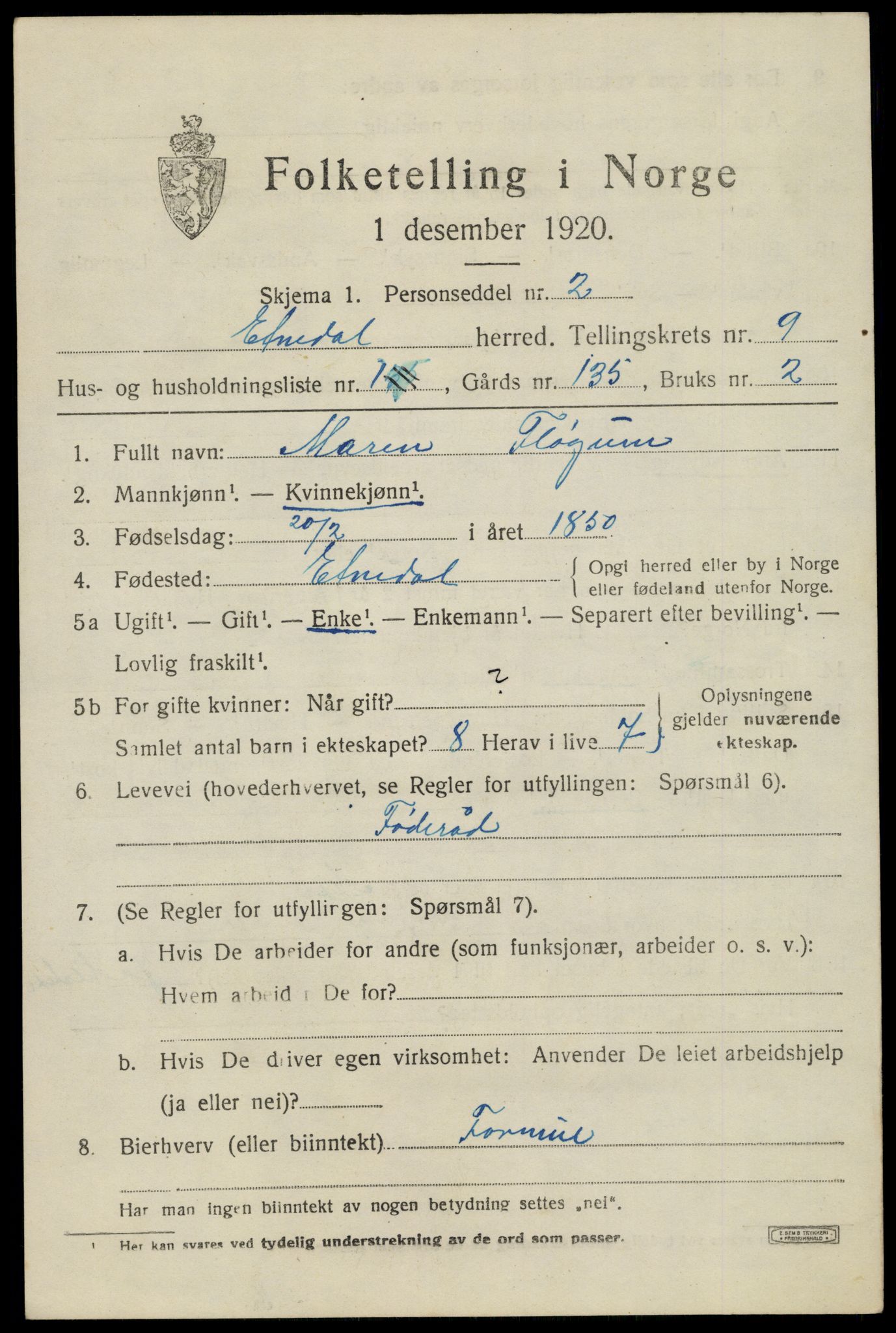 SAH, 1920 census for Etnedal, 1920, p. 3956