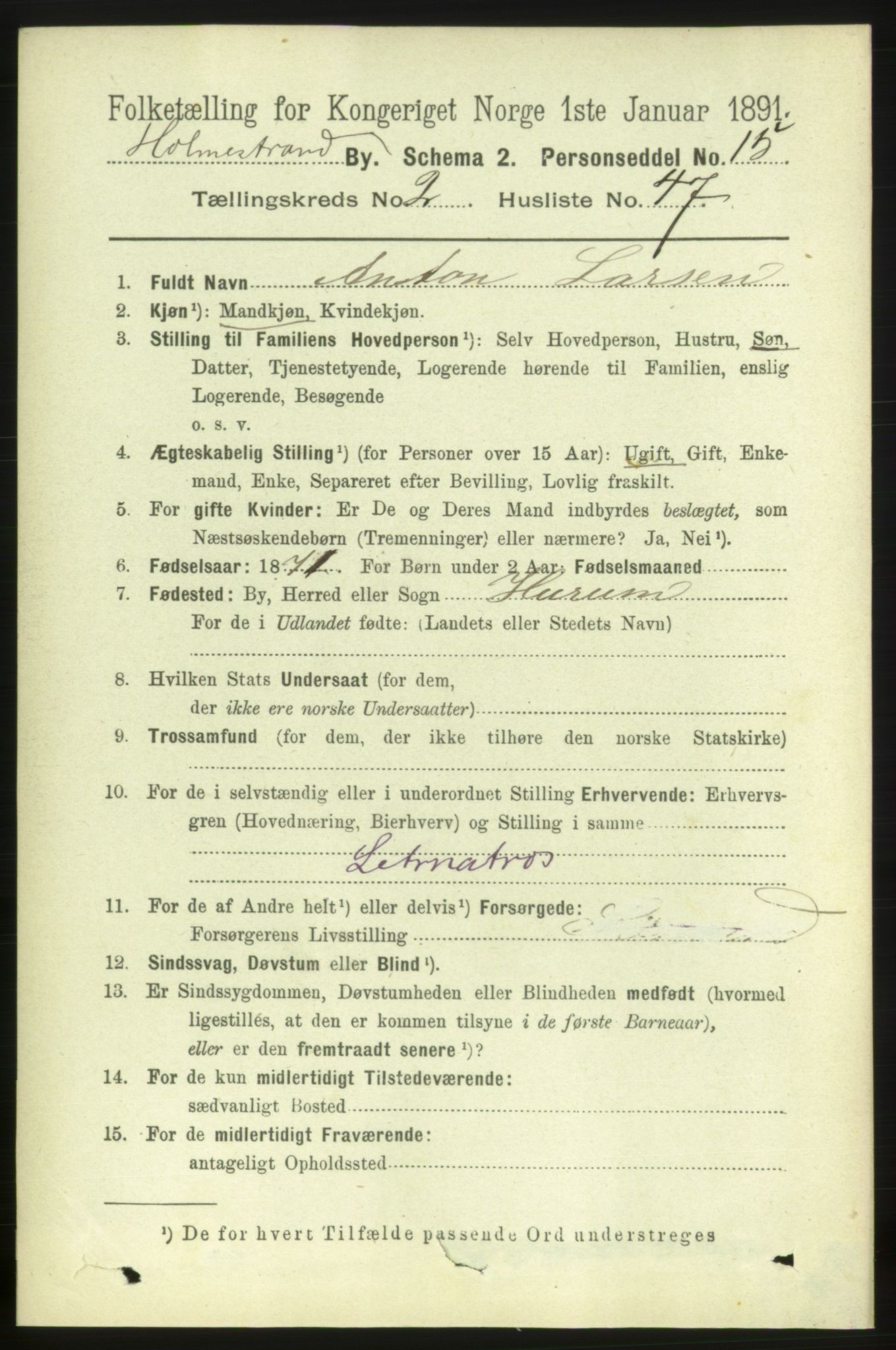 RA, 1891 census for 0702 Holmestrand, 1891, p. 1666