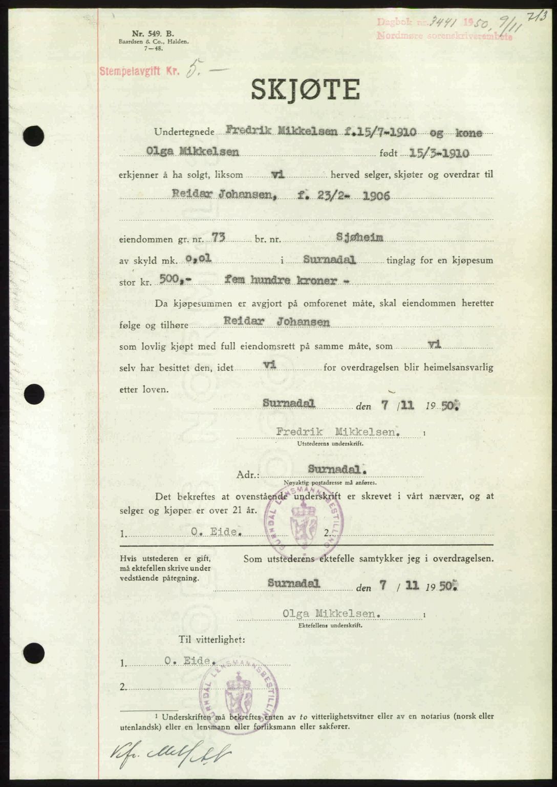 Nordmøre sorenskriveri, AV/SAT-A-4132/1/2/2Ca: Mortgage book no. A116, 1950-1950, Diary no: : 3441/1950