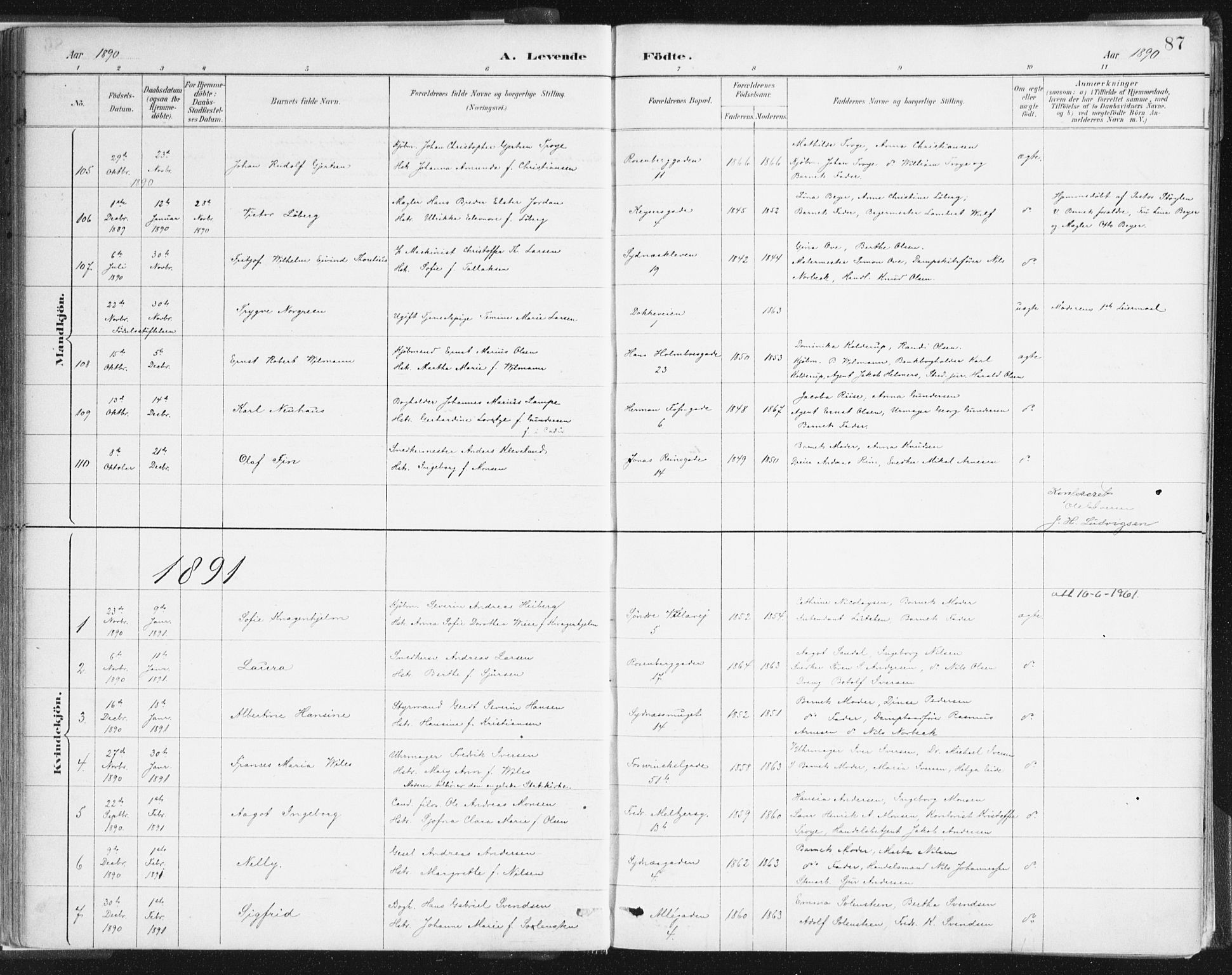 Johanneskirken Sokneprestembete, SAB/A-76001/H/Haa/L0001: Parish register (official) no. A 1, 1885-1900, p. 87