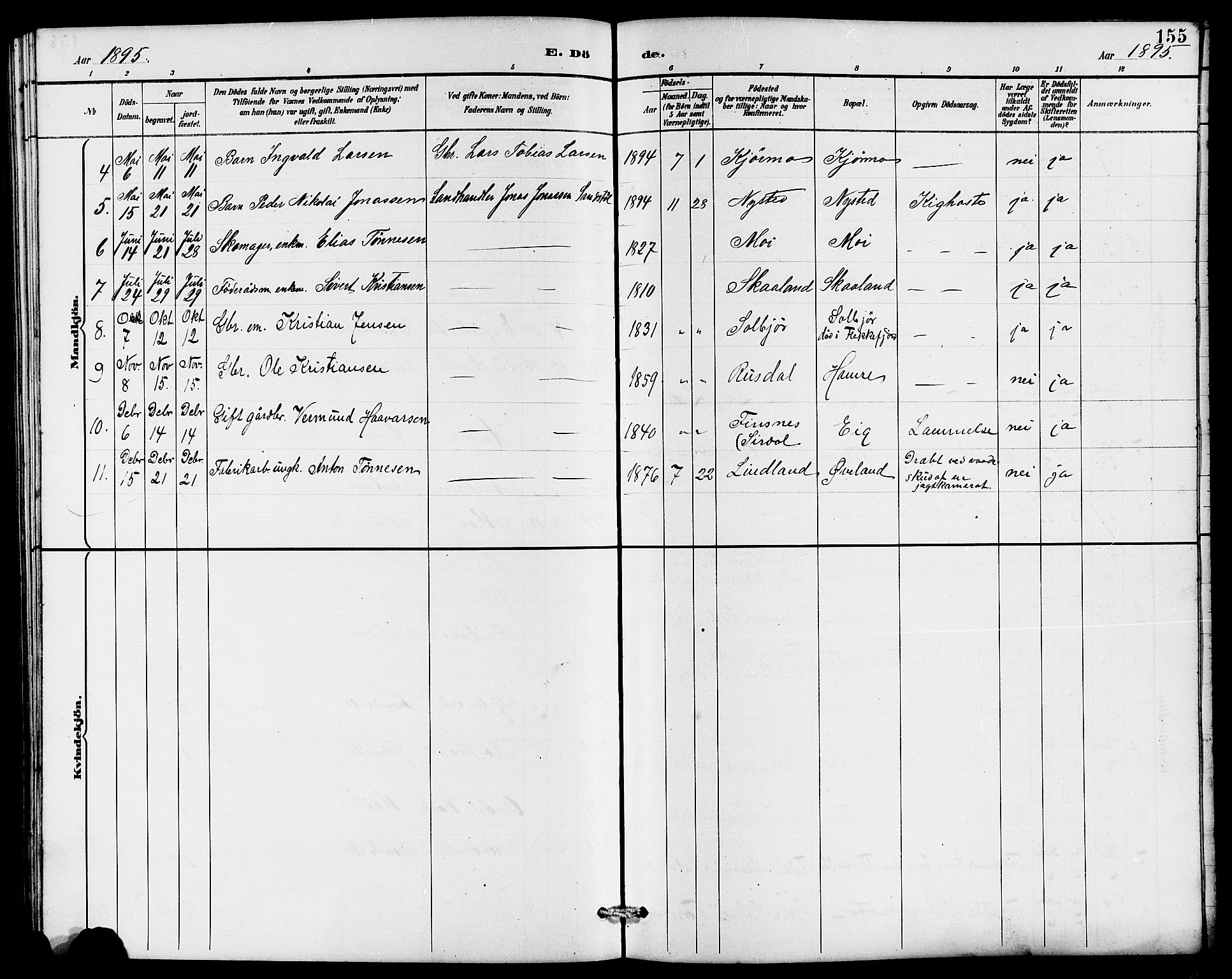 Lund sokneprestkontor, AV/SAST-A-101809/S07/L0006: Parish register (copy) no. B 6, 1885-1901, p. 155