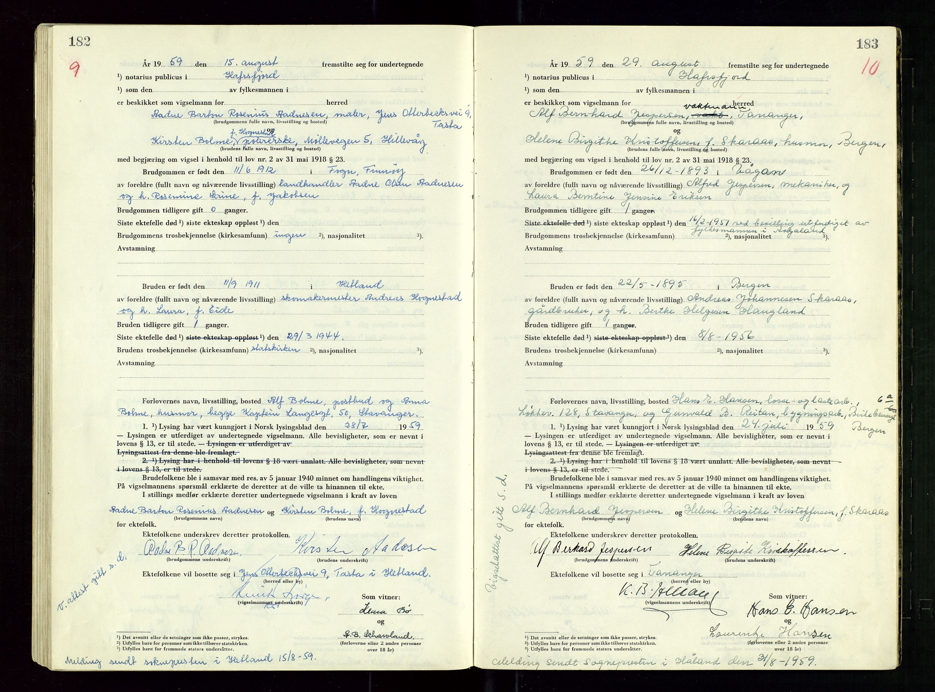 Hafrsfjord sorenskriveri, AV/SAST-A-100313/I/Ic/L0001: "Vigsels-bok", 1951-1959, p. 182-183