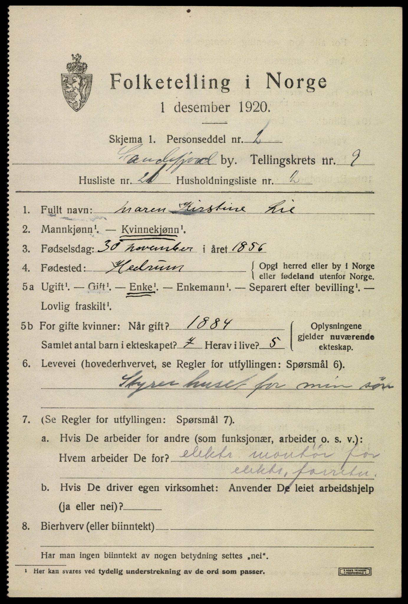 SAKO, 1920 census for Sandefjord, 1920, p. 13074