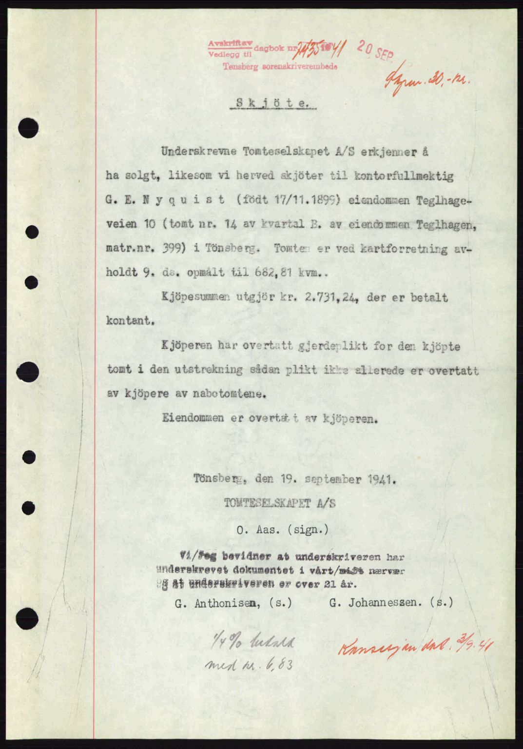 Tønsberg sorenskriveri, AV/SAKO-A-130/G/Ga/Gaa/L0010: Mortgage book no. A10, 1941-1941, Diary no: : 2435/1941