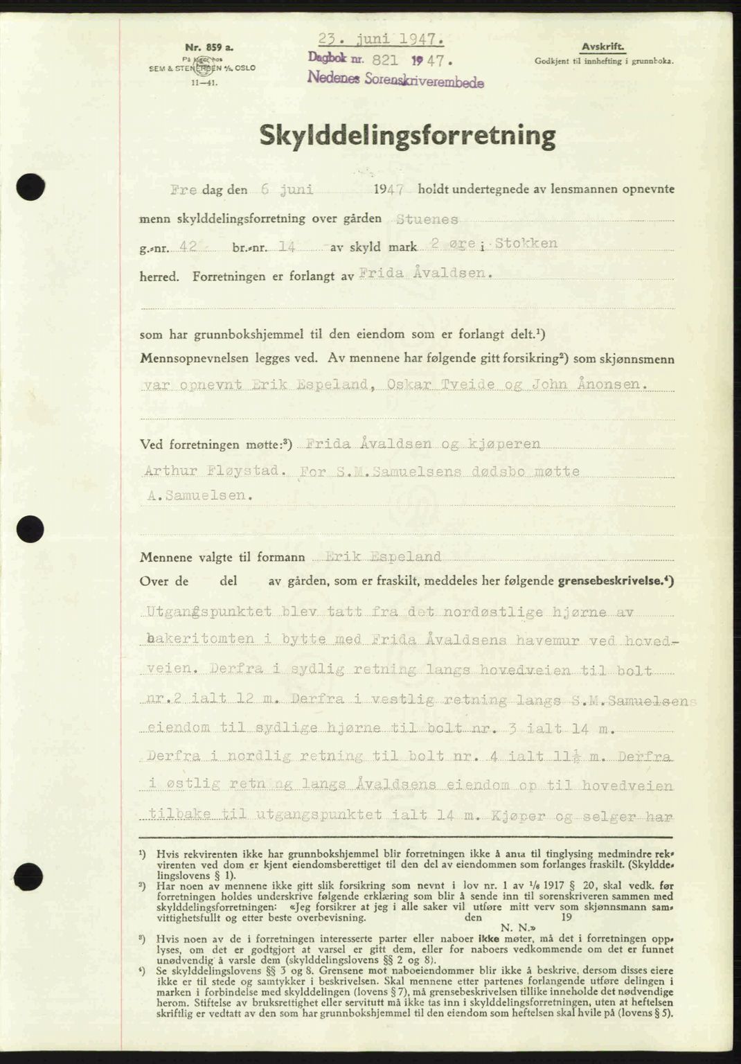 Nedenes sorenskriveri, SAK/1221-0006/G/Gb/Gba/L0057: Mortgage book no. A9, 1947-1947, Diary no: : 821/1947