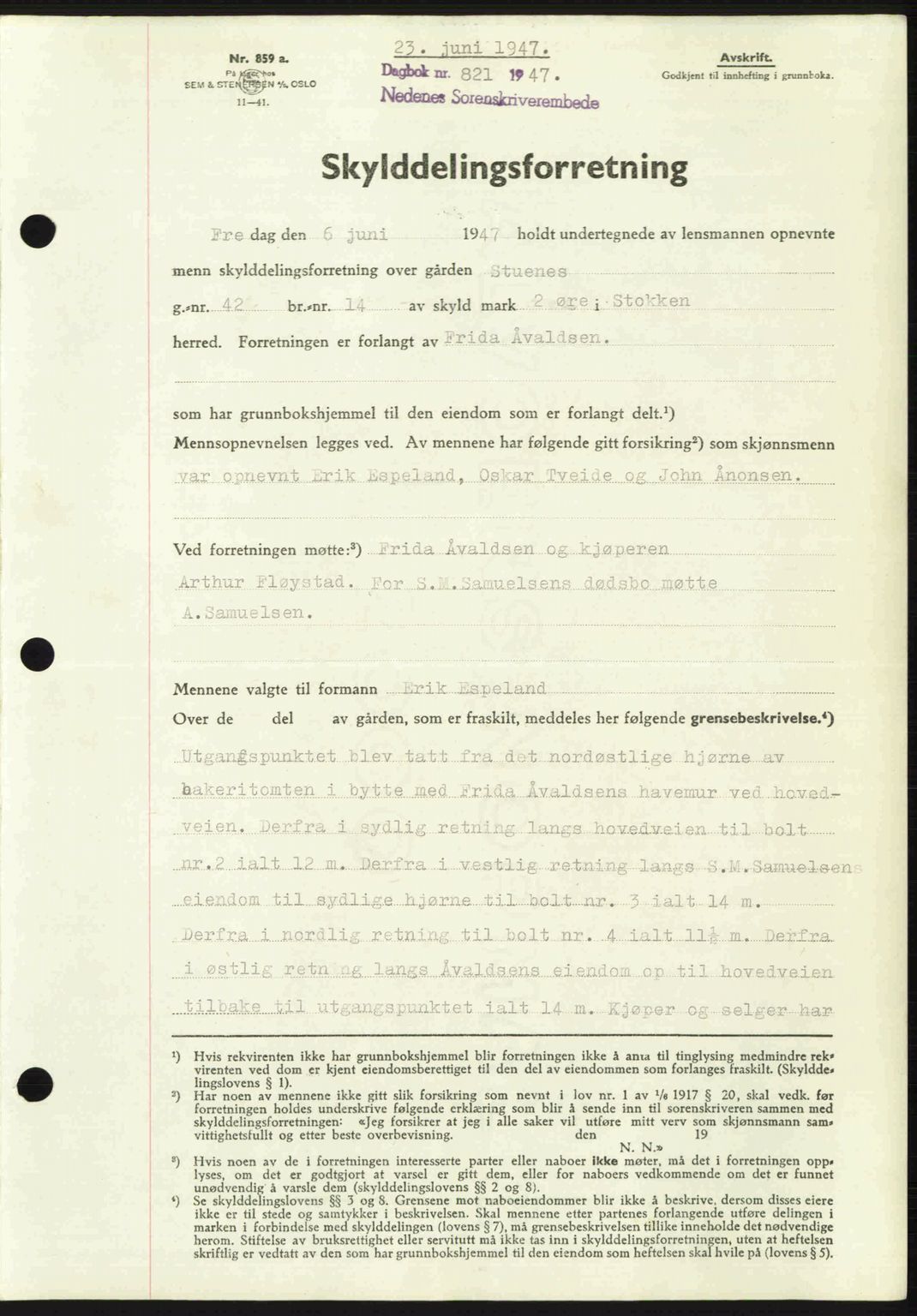 Nedenes sorenskriveri, AV/SAK-1221-0006/G/Gb/Gba/L0057: Mortgage book no. A9, 1947-1947, Diary no: : 821/1947