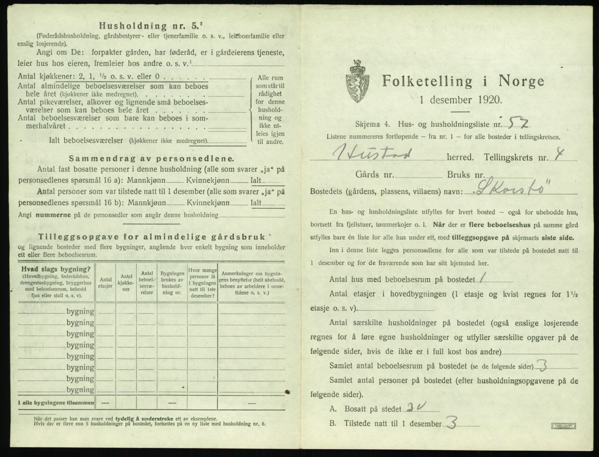 SAT, 1920 census for Hustad, 1920, p. 485