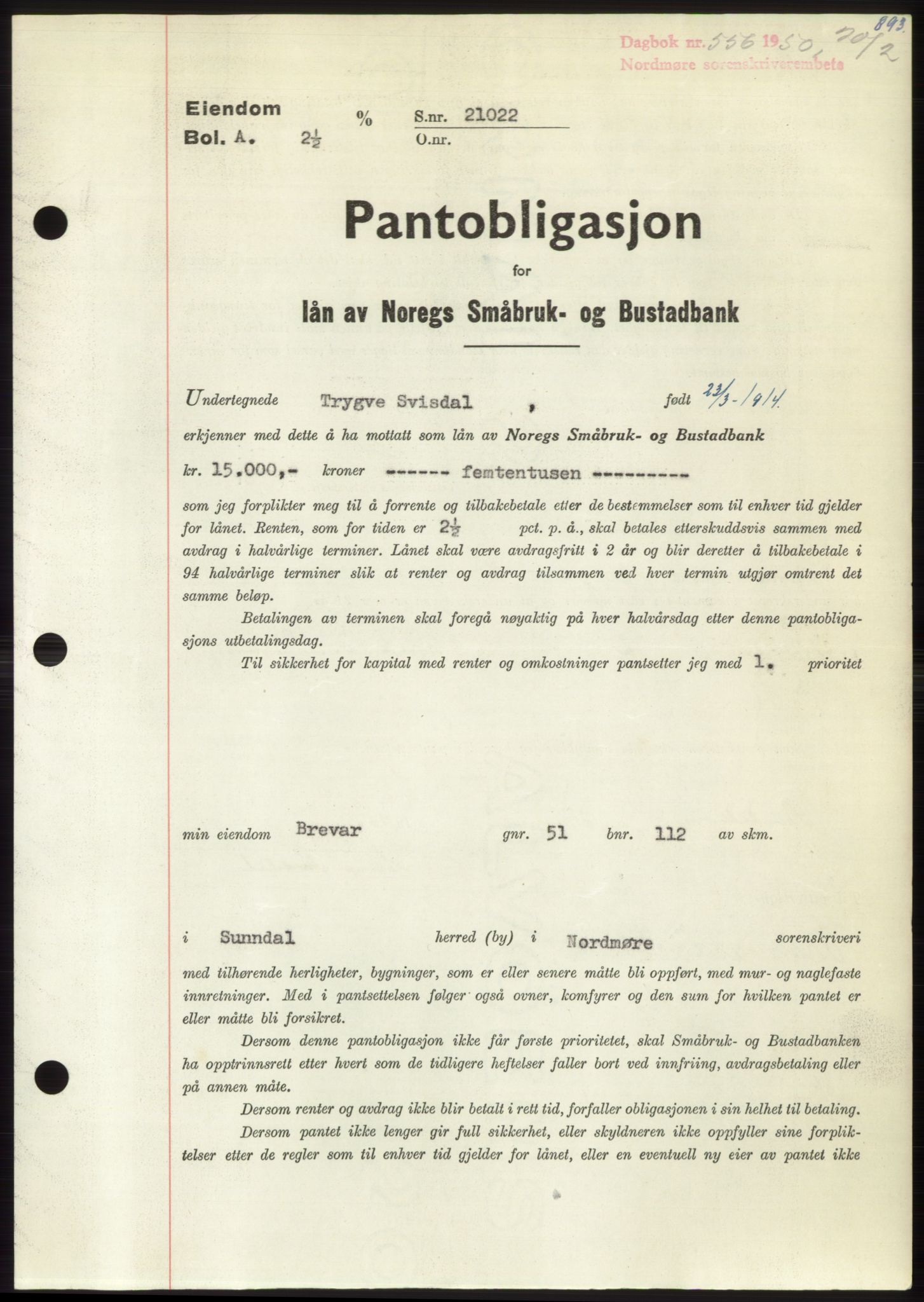 Nordmøre sorenskriveri, AV/SAT-A-4132/1/2/2Ca: Mortgage book no. B103, 1949-1950, Diary no: : 556/1950