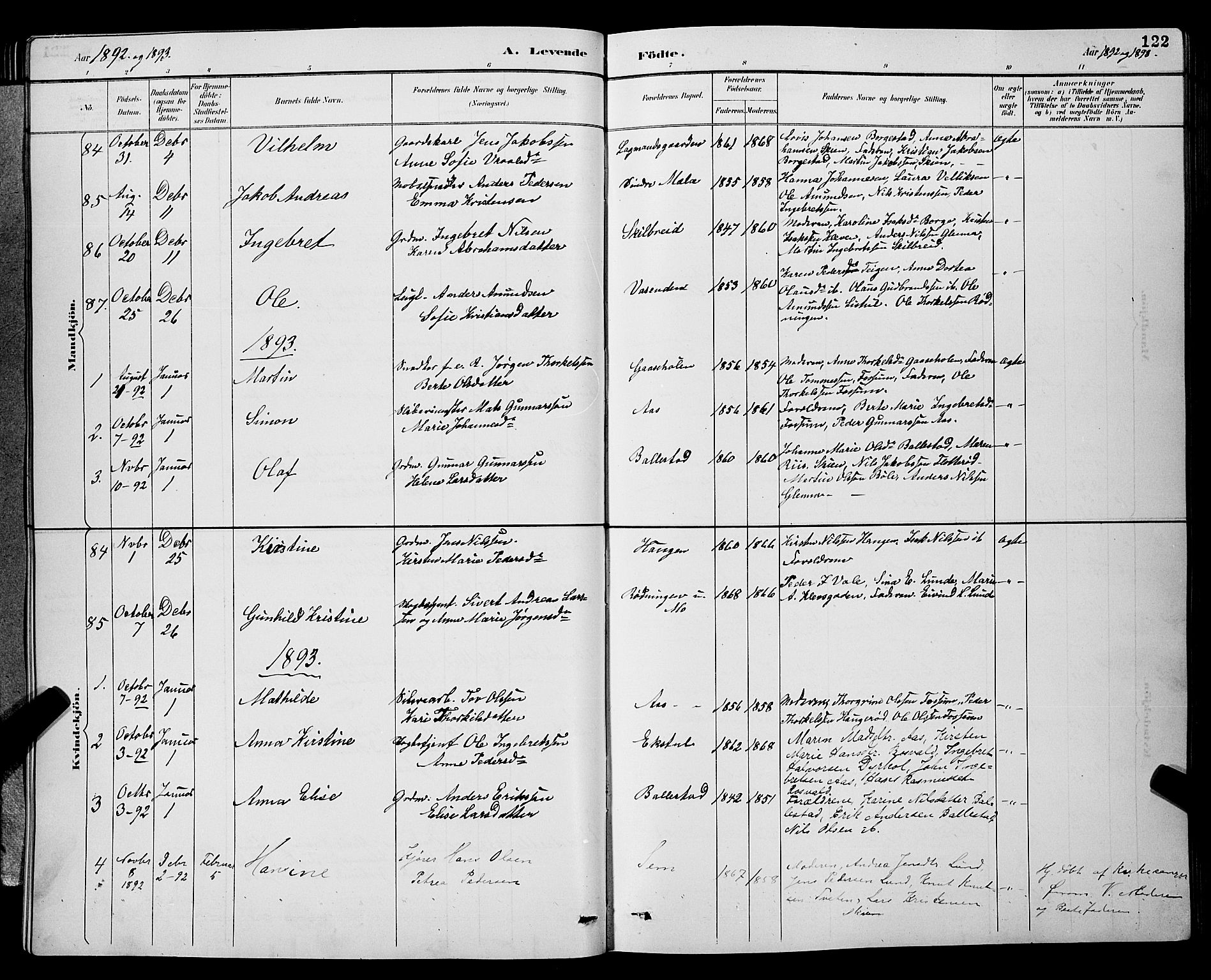 Gjerpen kirkebøker, SAKO/A-265/G/Ga/L0002: Parish register (copy) no. I 2, 1883-1900, p. 122