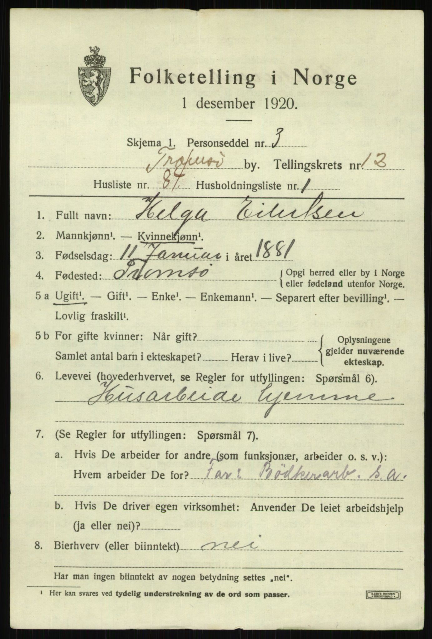 SATØ, 1920 census for Tromsø, 1920, p. 24819