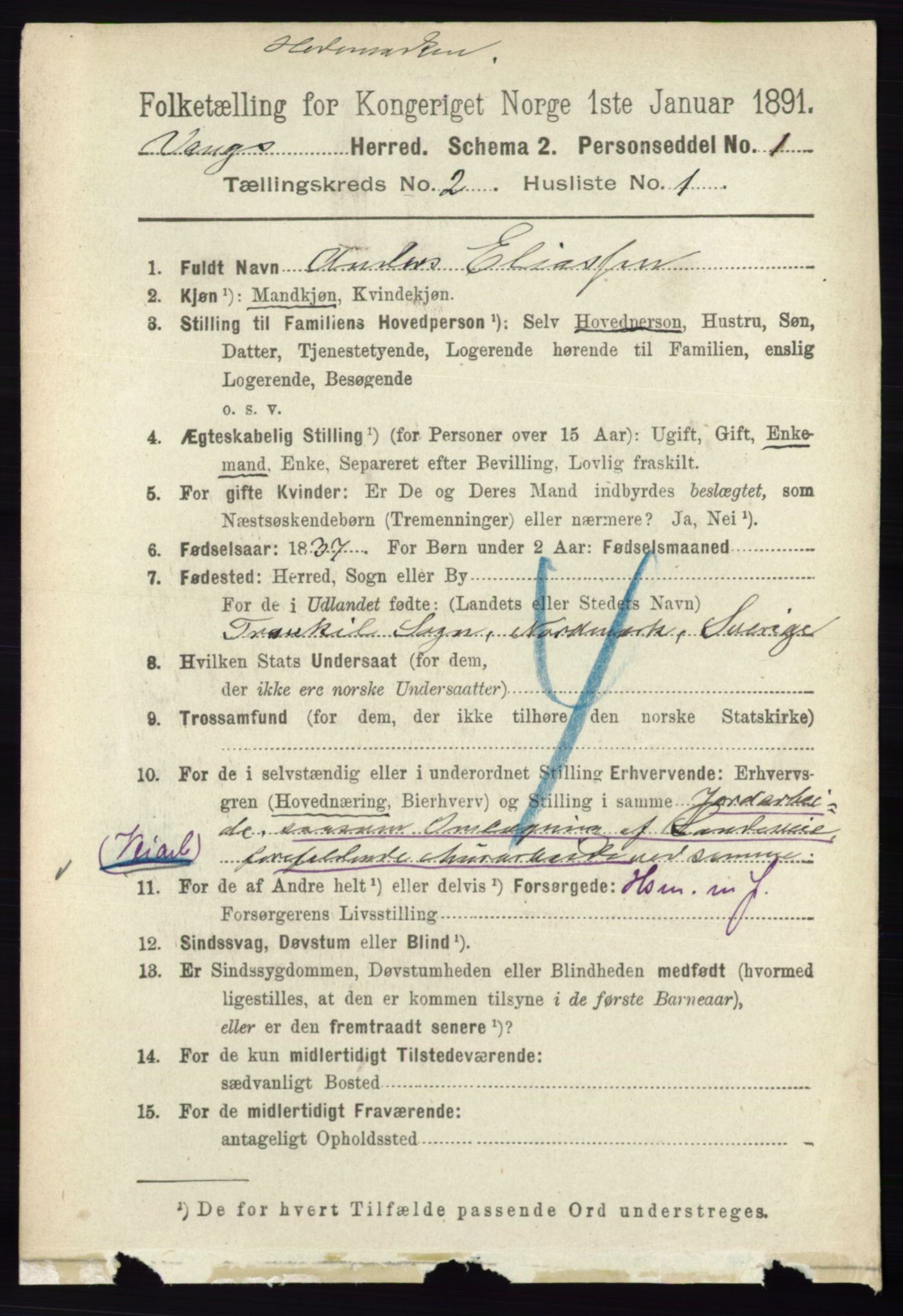 RA, 1891 census for 0414 Vang, 1891, p. 1039