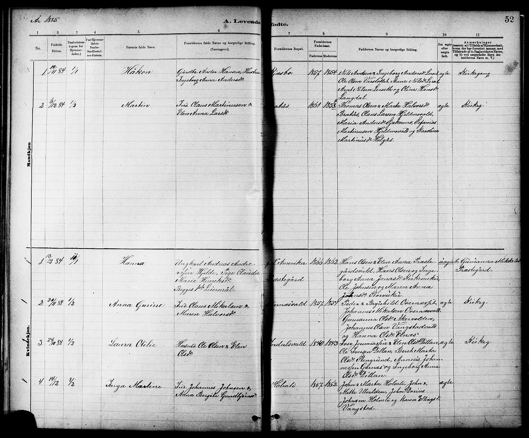 Ministerialprotokoller, klokkerbøker og fødselsregistre - Nord-Trøndelag, SAT/A-1458/724/L0267: Parish register (copy) no. 724C03, 1879-1898, p. 52