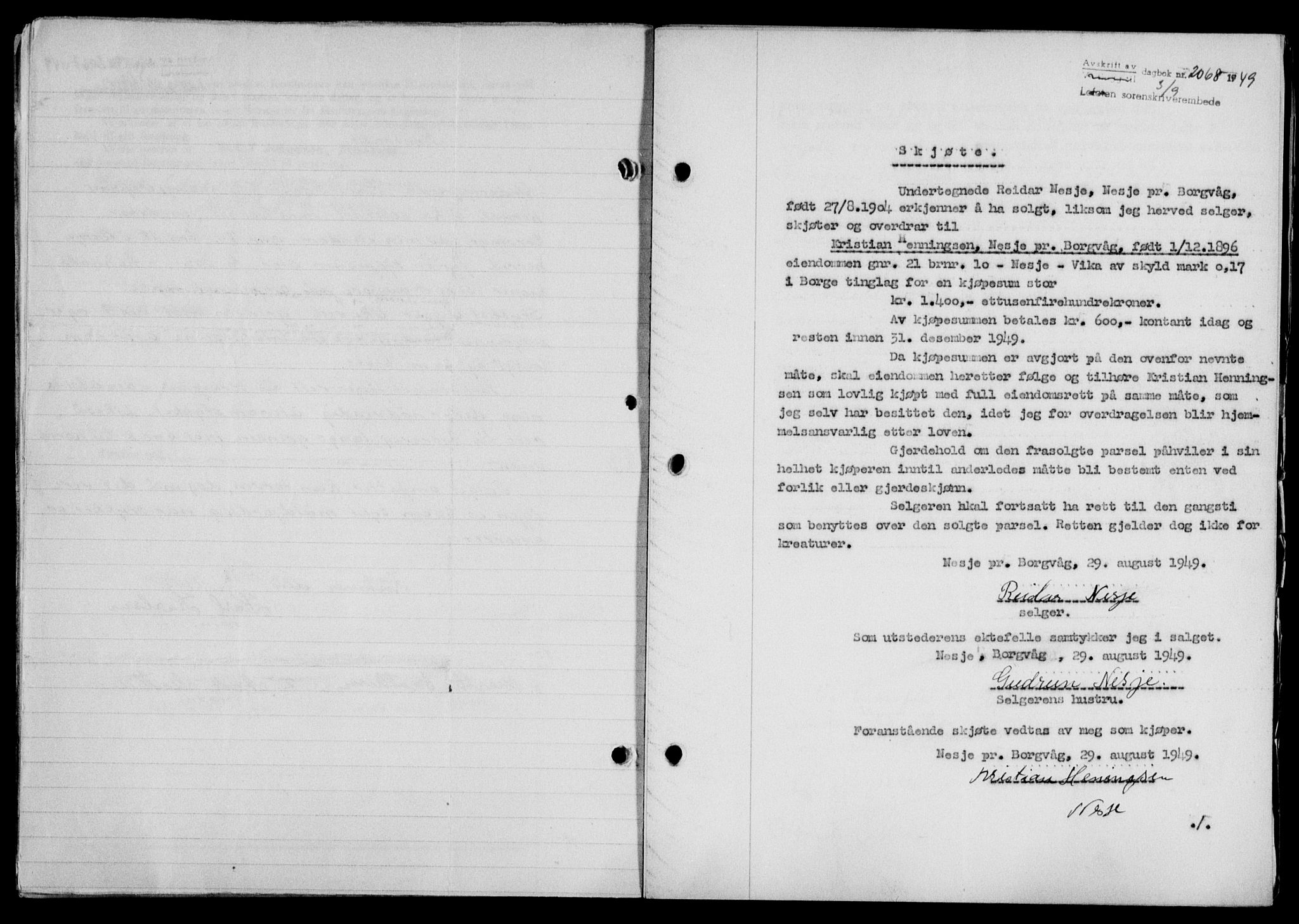 Lofoten sorenskriveri, SAT/A-0017/1/2/2C/L0021a: Mortgage book no. 21a, 1949-1949, Diary no: : 2068/1949