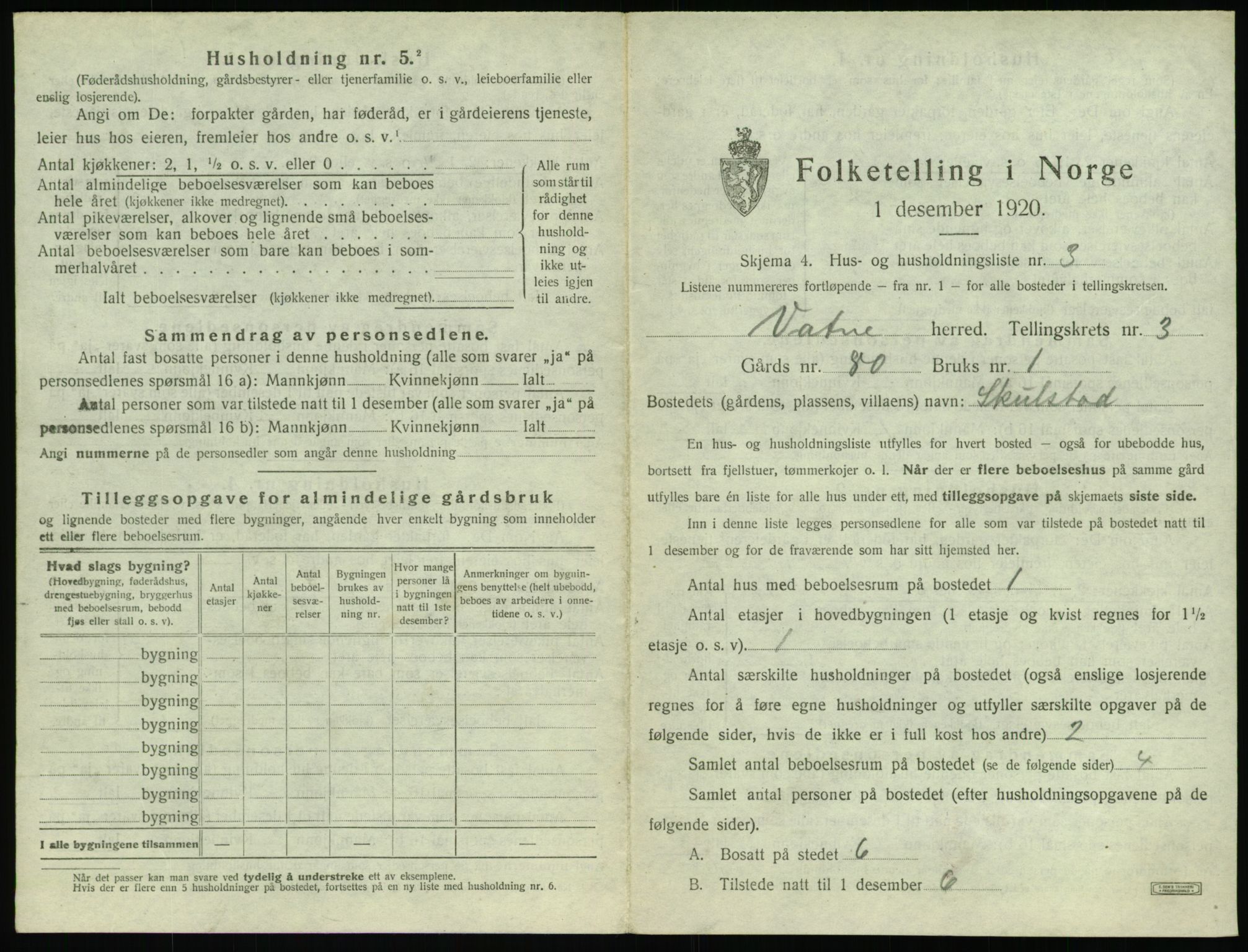 SAT, 1920 census for Vatne, 1920, p. 178