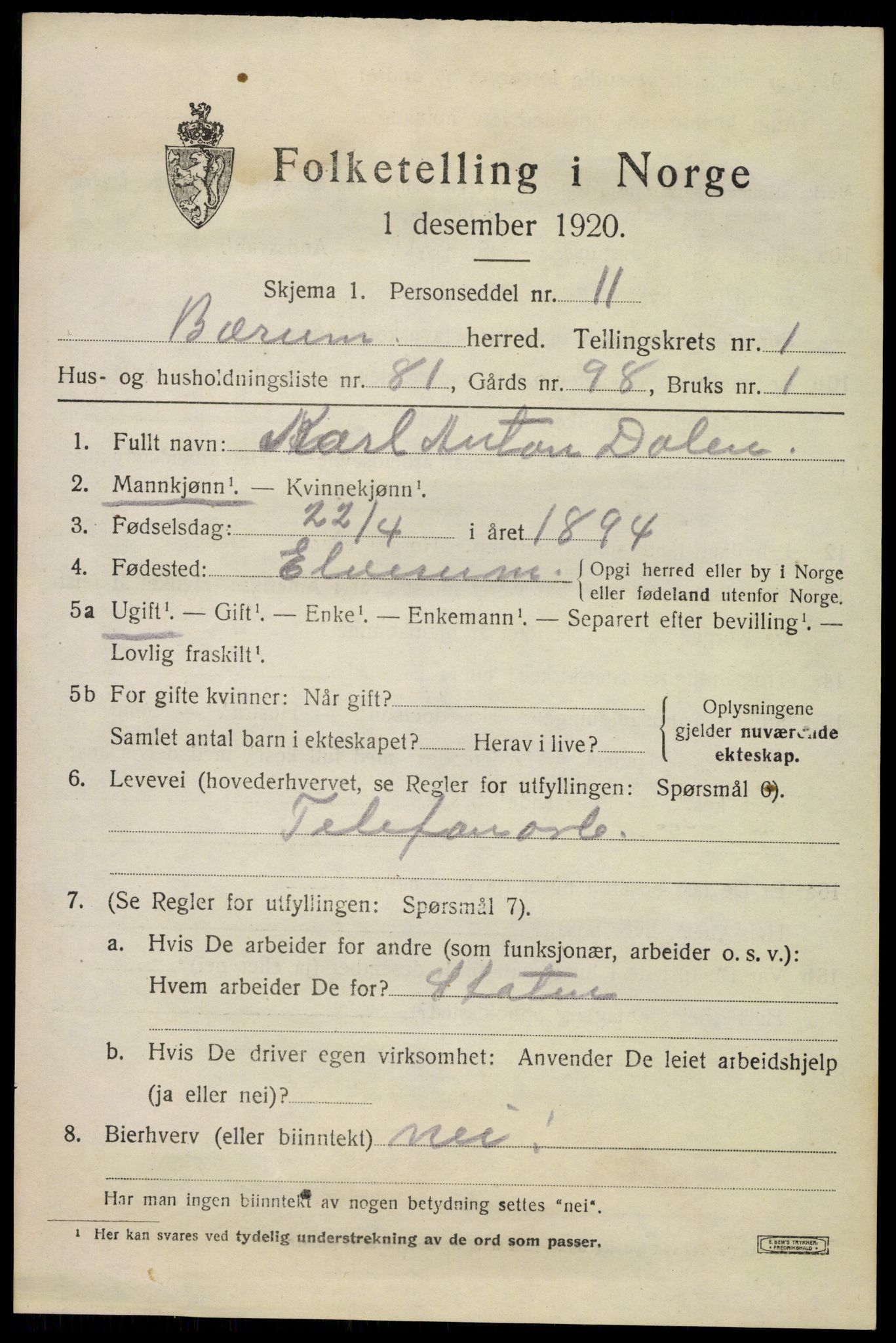 SAO, 1920 census for Bærum, 1920, p. 6134