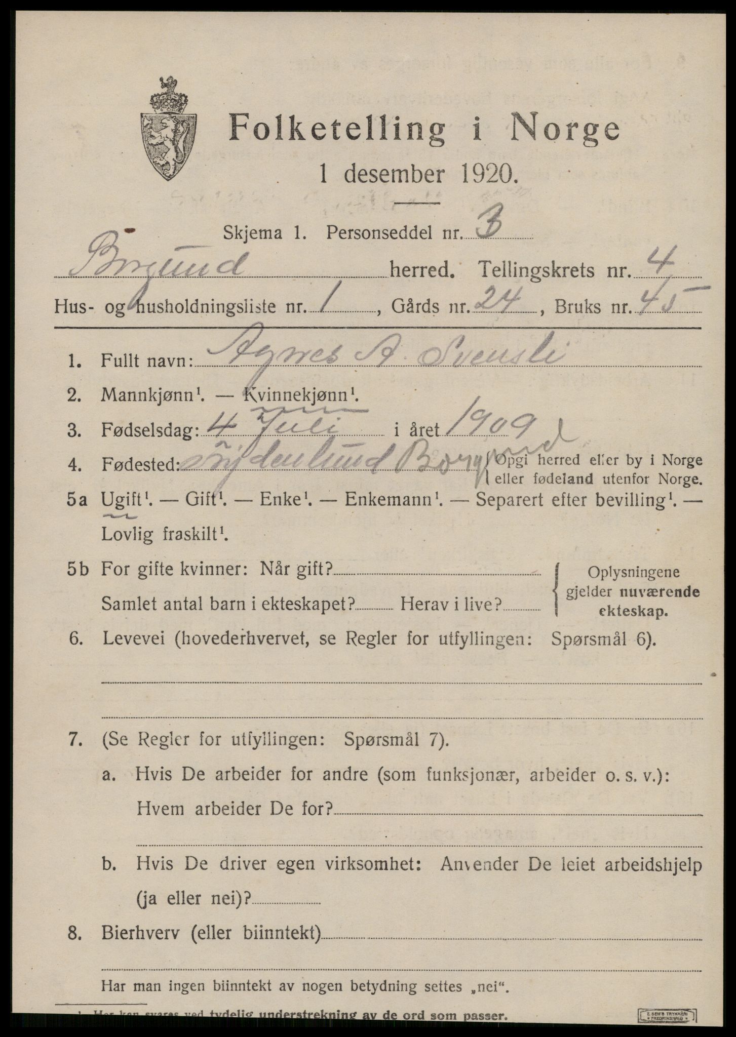 SAT, 1920 census for Borgund, 1920, p. 3864