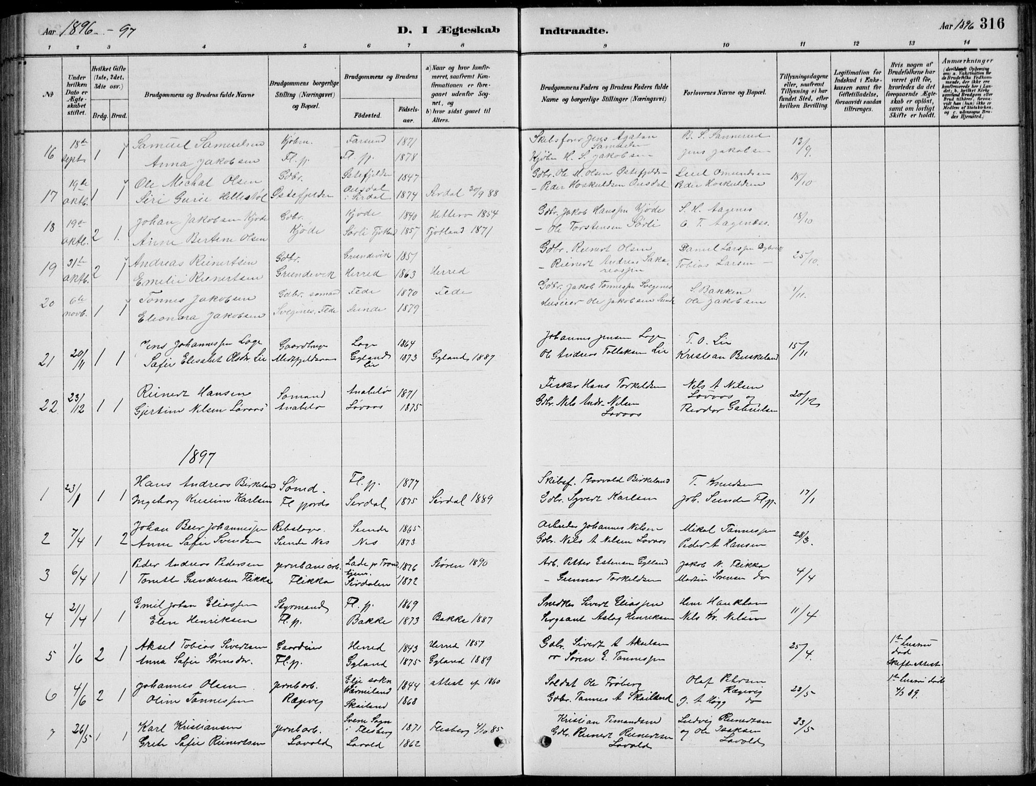 Flekkefjord sokneprestkontor, SAK/1111-0012/F/Fb/Fbc/L0007: Parish register (copy) no. B 7, 1880-1902, p. 316