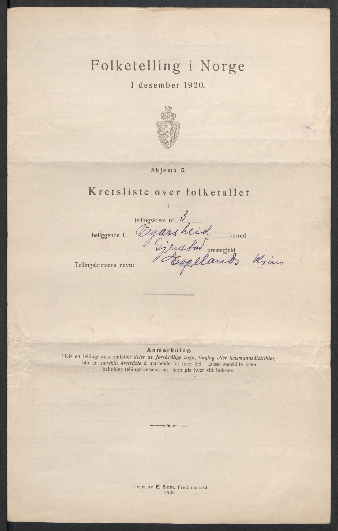 SAK, 1920 census for Vegårshei, 1920, p. 18