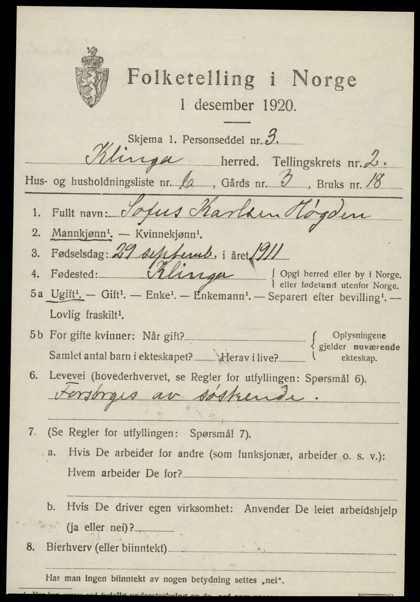 SAT, 1920 census for Klinga, 1920, p. 1459