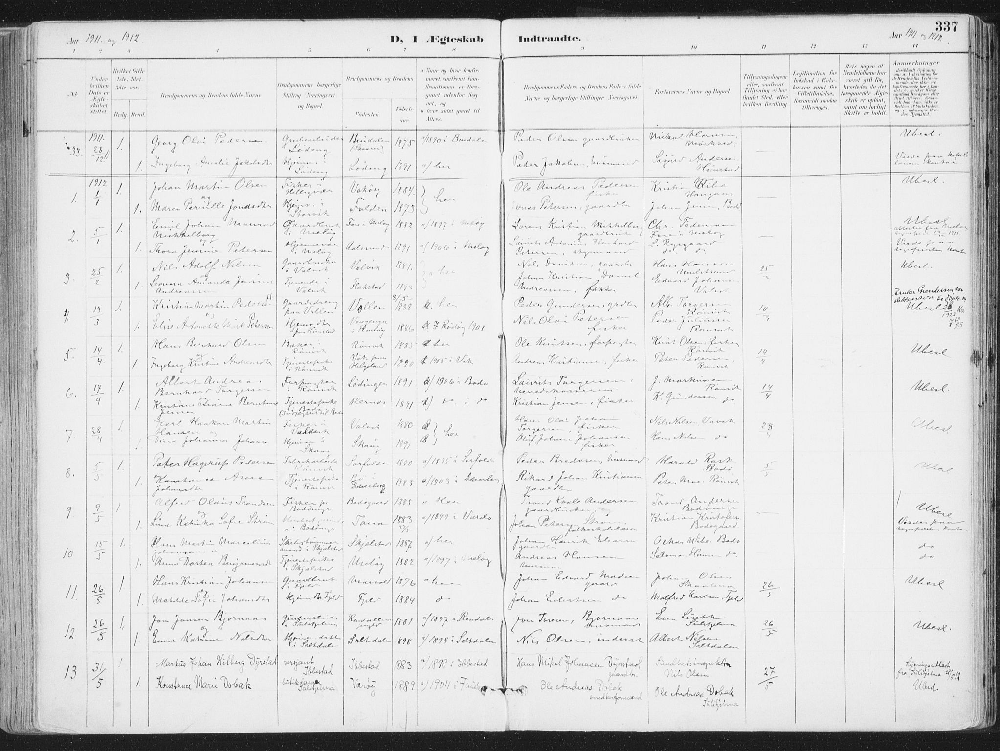 Ministerialprotokoller, klokkerbøker og fødselsregistre - Nordland, SAT/A-1459/802/L0055: Parish register (official) no. 802A02, 1894-1915, p. 337
