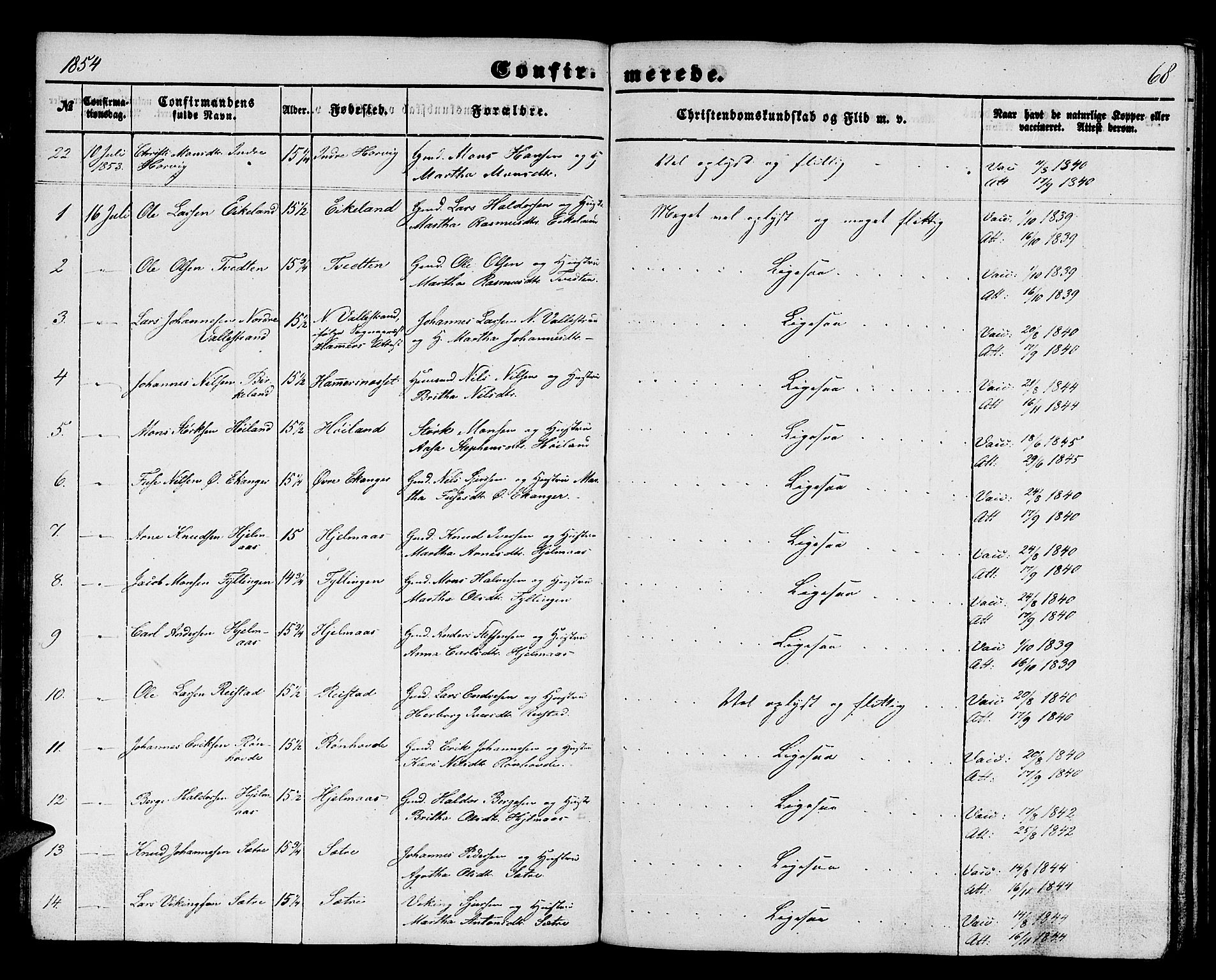 Hamre sokneprestembete, SAB/A-75501/H/Ha/Hab: Parish register (copy) no. B 1, 1852-1863, p. 68