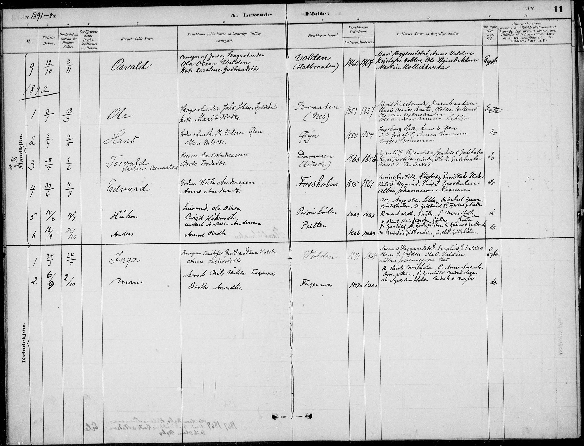 Ådal kirkebøker, AV/SAKO-A-248/F/Fa/L0004: Parish register (official) no. I 4, 1884-1904, p. 11