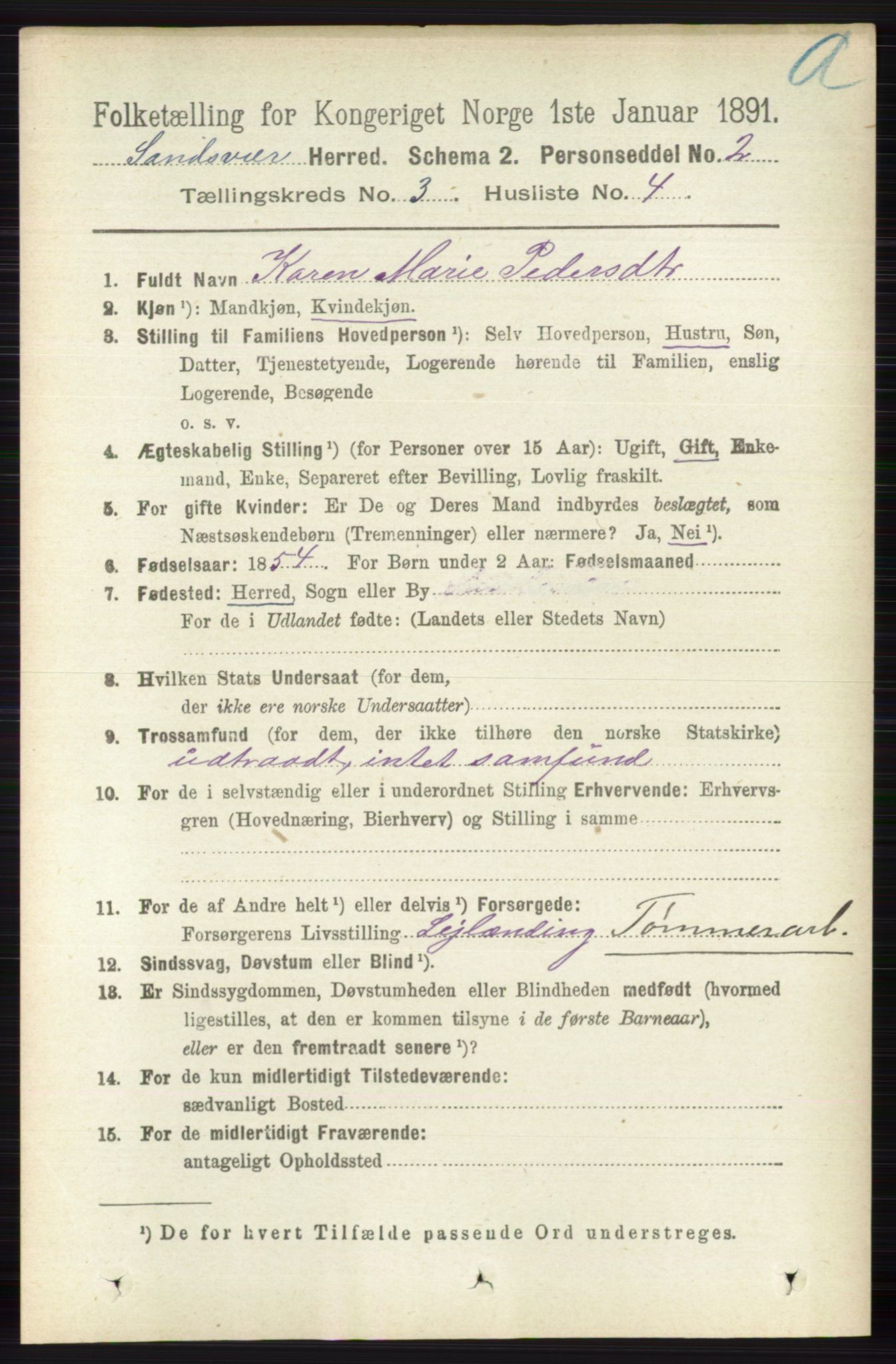 RA, 1891 census for 0629 Sandsvær, 1891, p. 1311